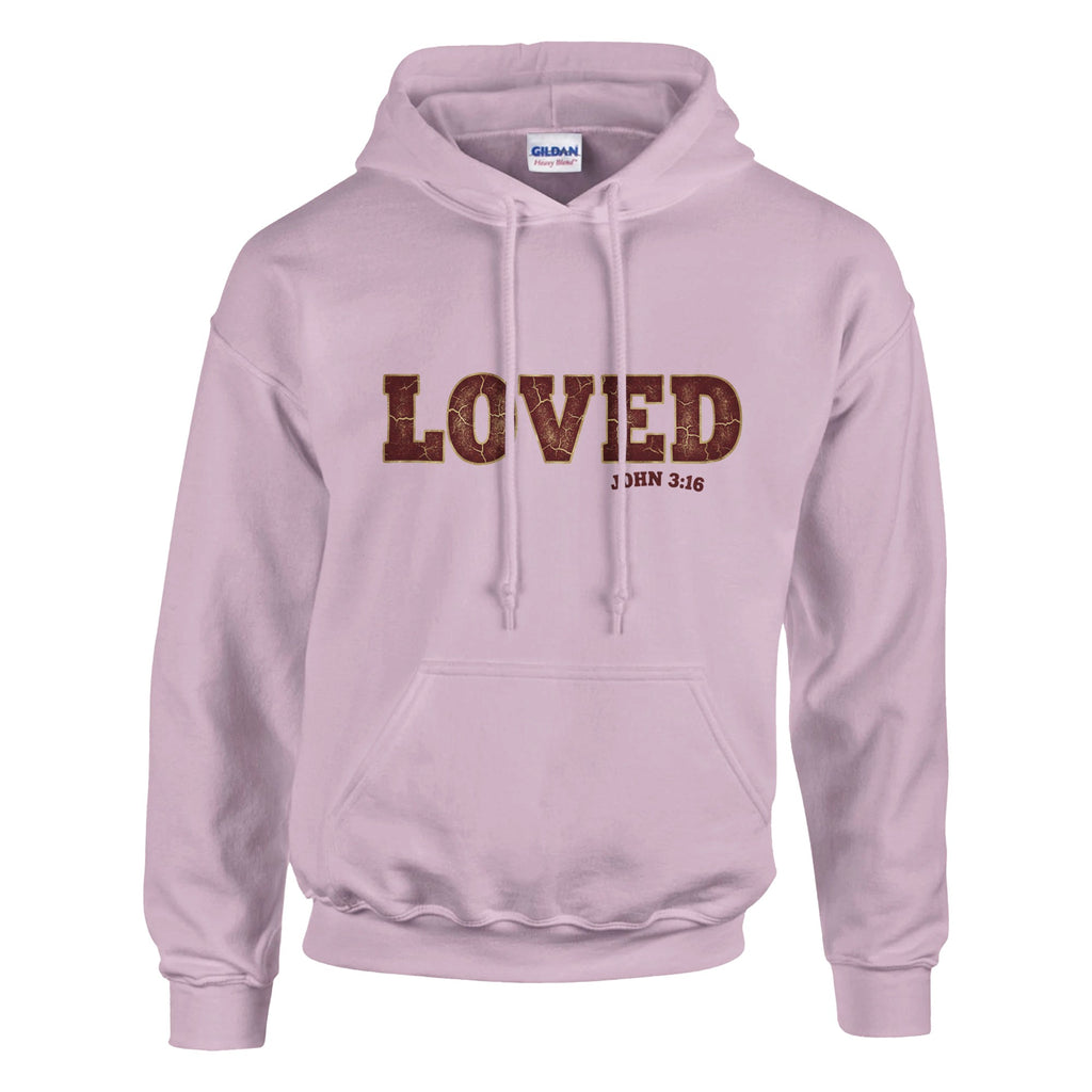 Light purple hoodie with 'LOVED 1 John 4:19' text on a white background