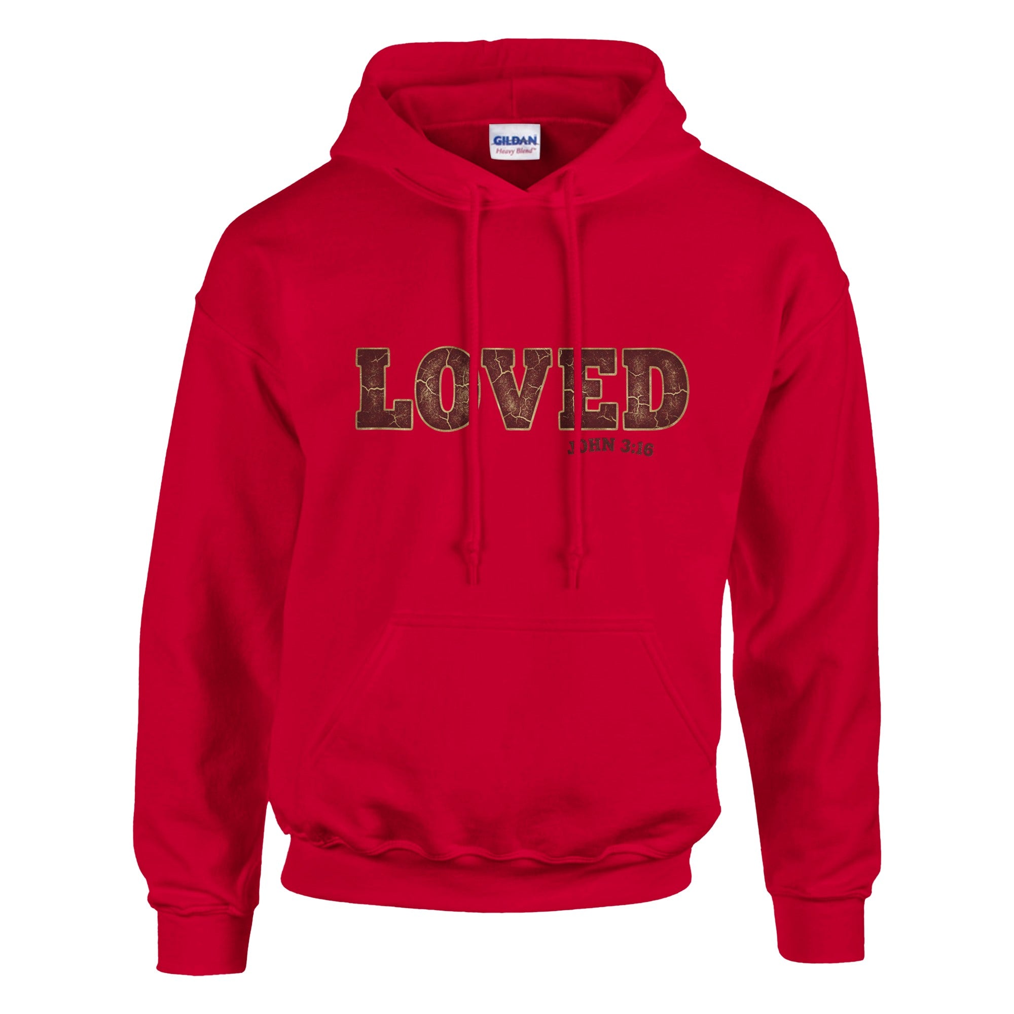 Red hoodie with 'LOVED' text on a white background