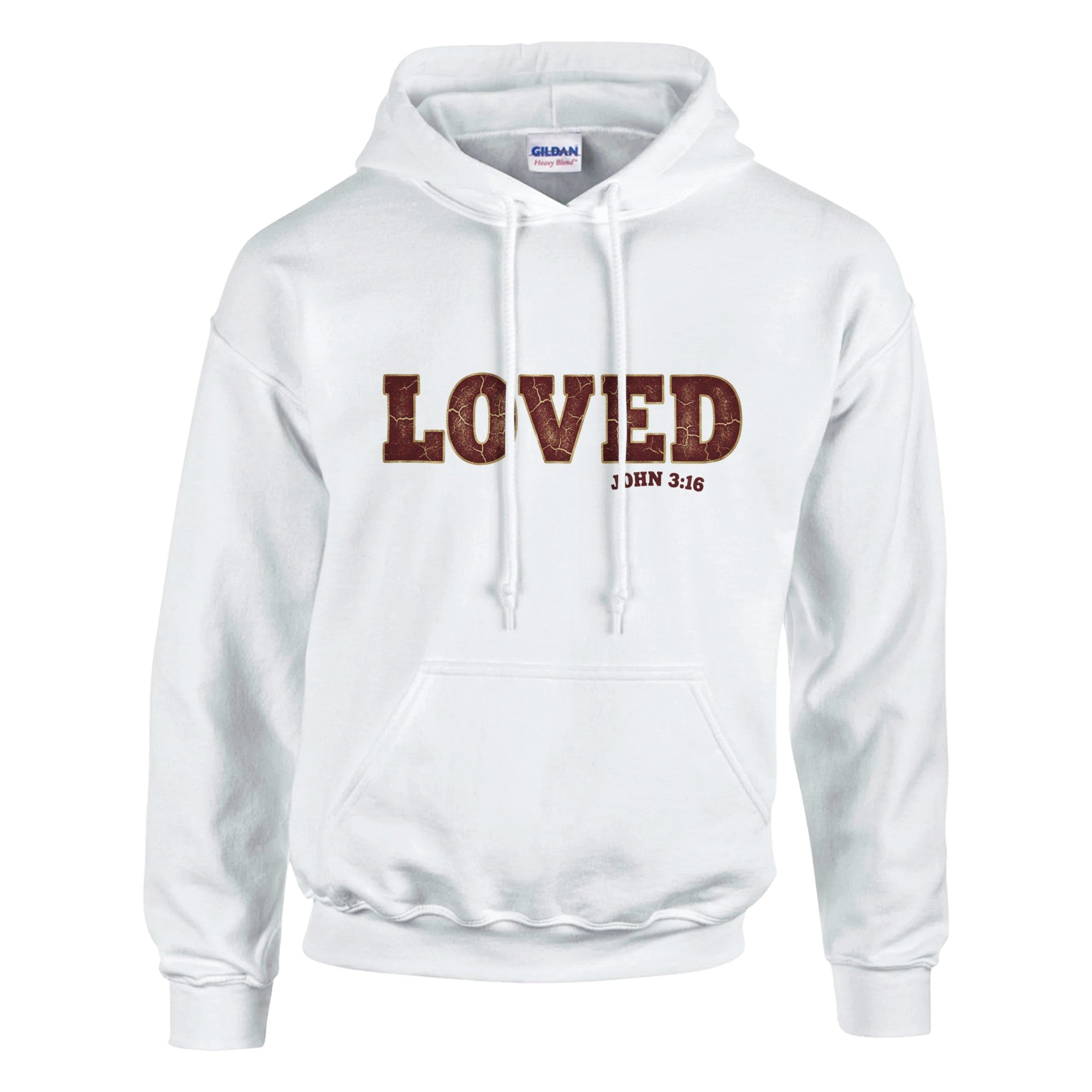 White hoodie with 'LOVED 1 John 4:8' text on a white background