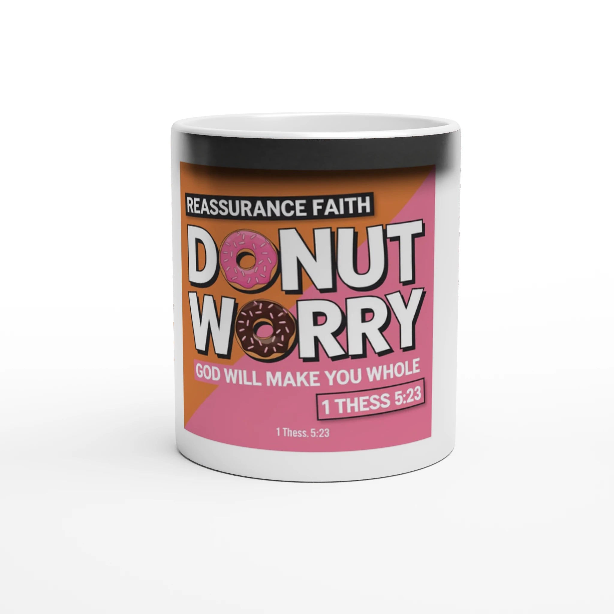 Mug with 'Donut Worry' text and religious quote on a white background