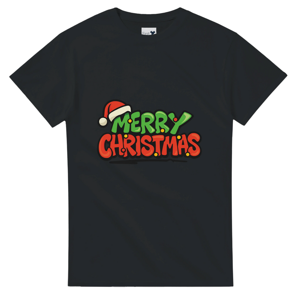 Black t-shirt with 'Merry Christmas' text and Santa hat graphic on a white background