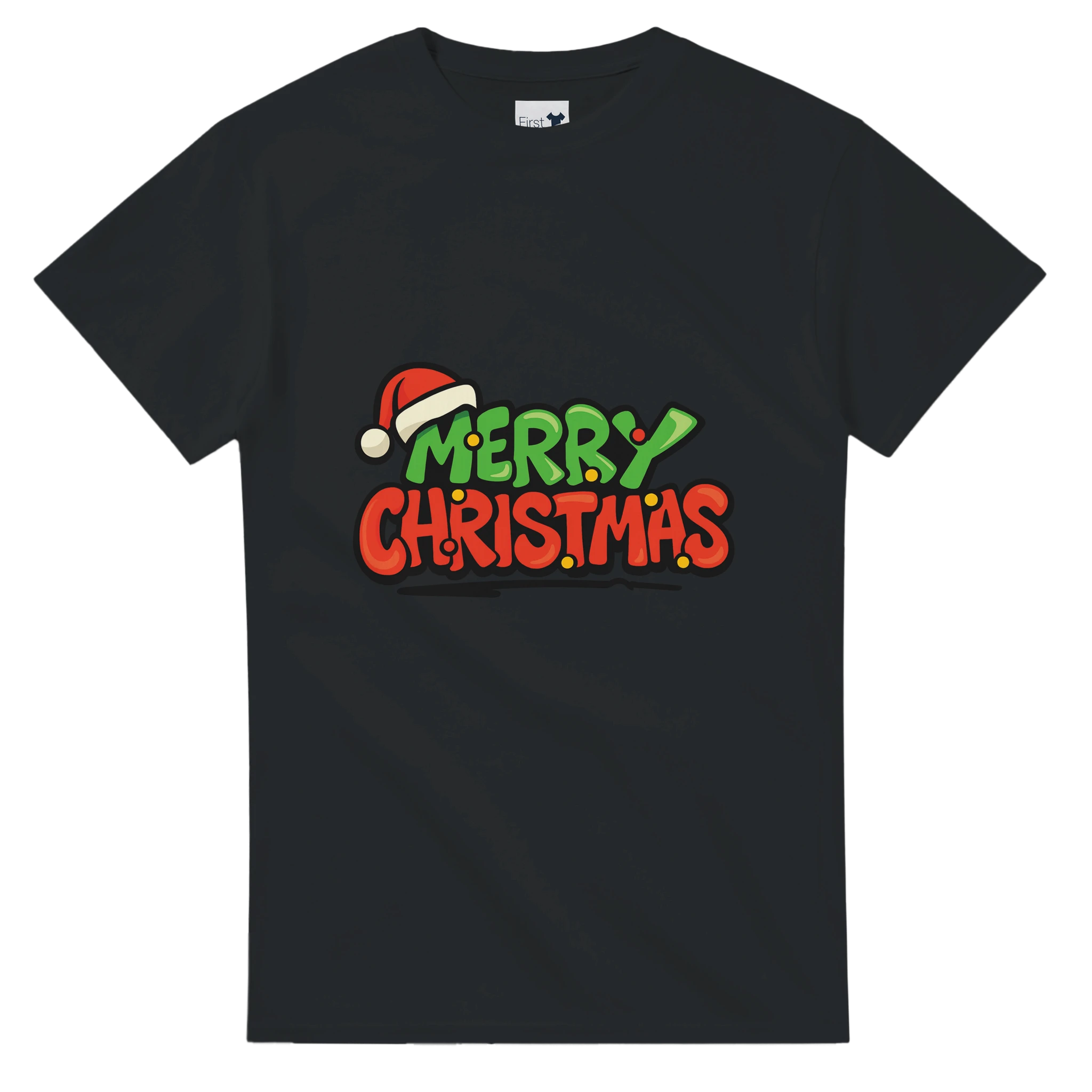 Black t-shirt with 'Merry Christmas' text and Santa hat graphic on a white background