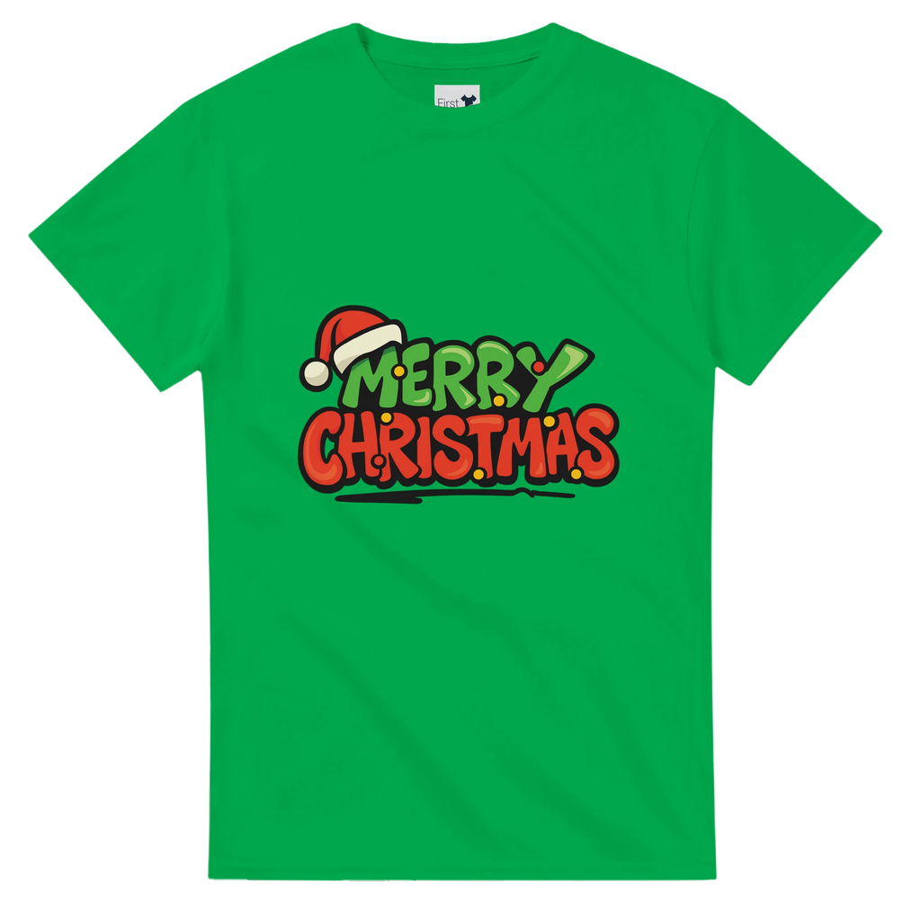 Green t-shirt with 'Merry Christmas' text and Santa hat graphic on a white background
