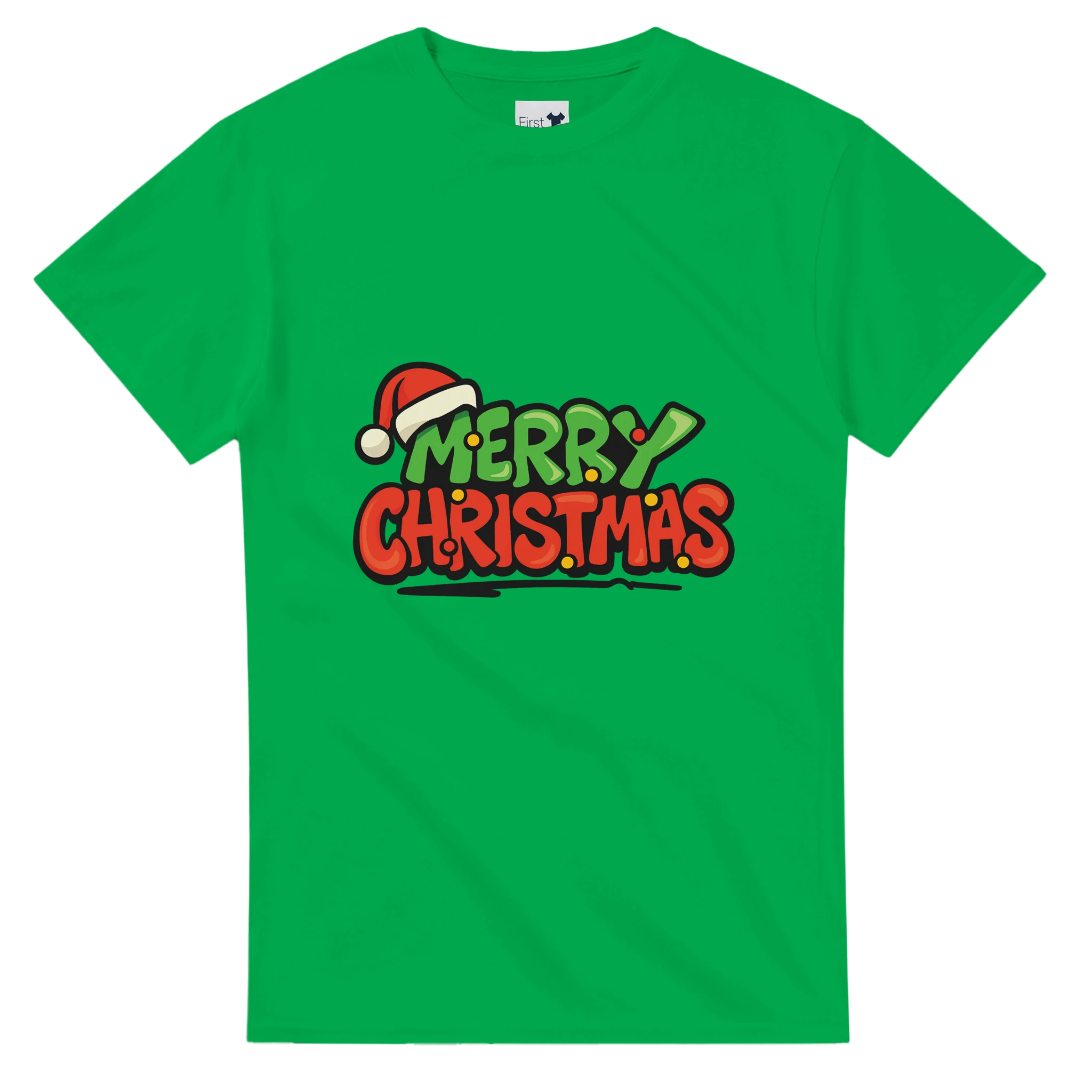 Green t-shirt with 'Merry Christmas' text and Santa hat graphic on a white background