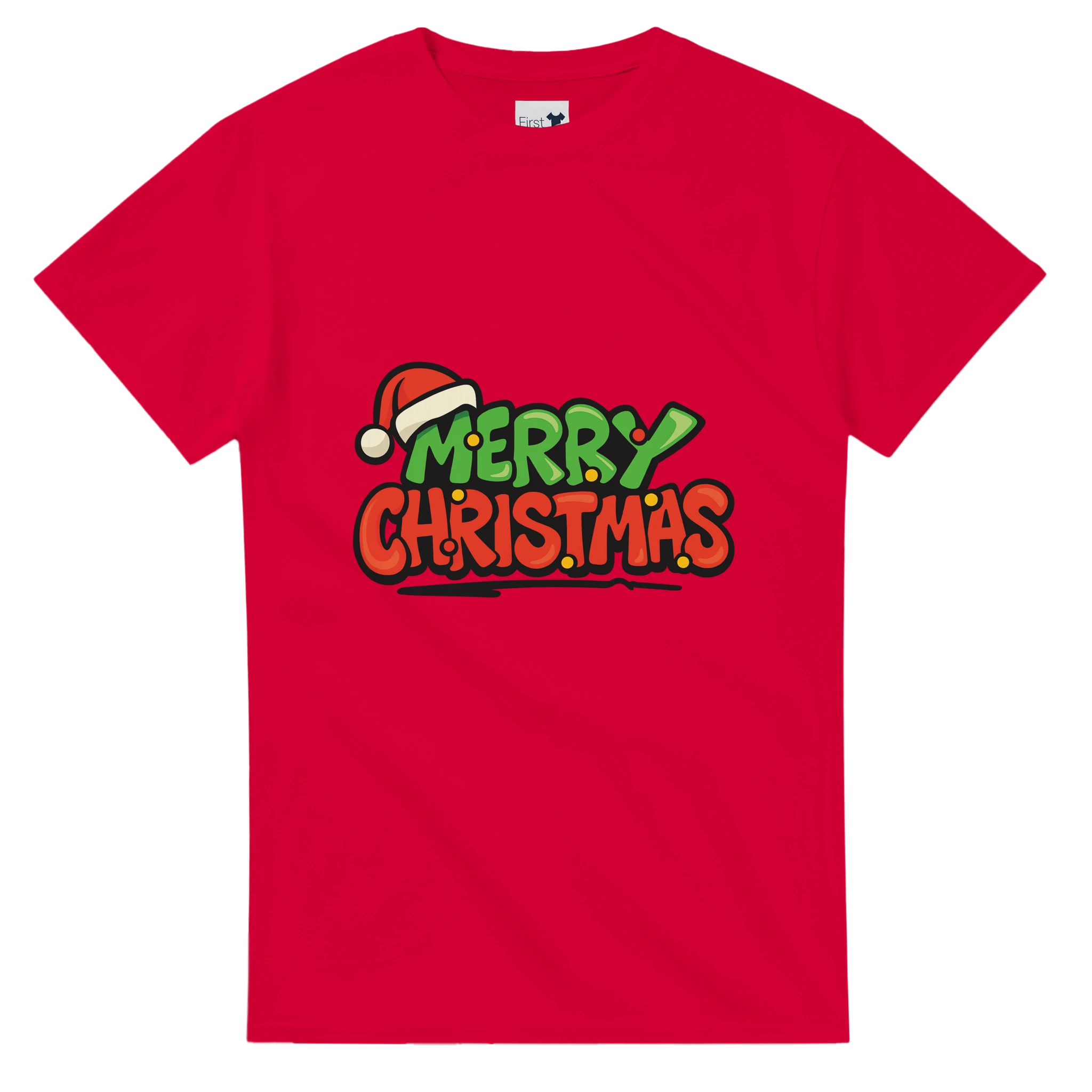Red t-shirt with 'Merry Christmas' text and Santa hat graphic on a white background