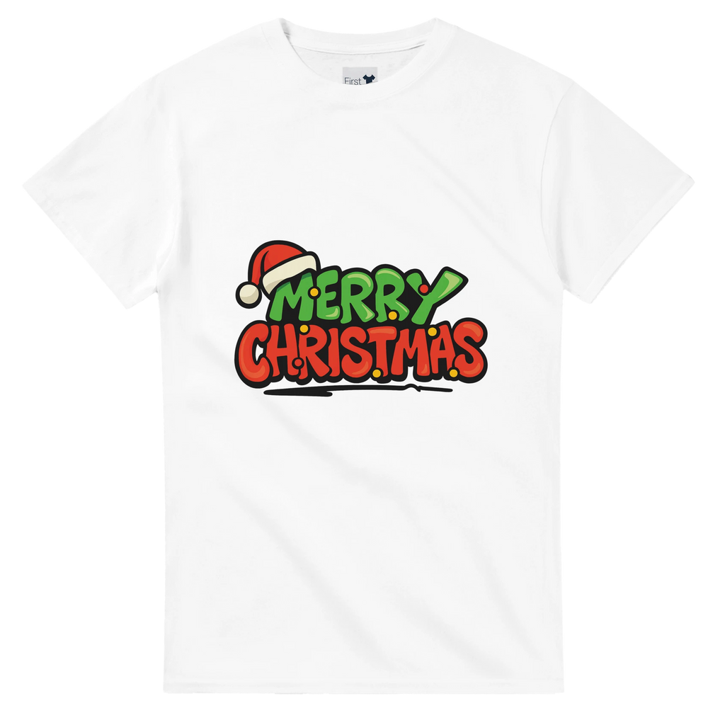 White t-shirt with 'Merry Christmas' text and Santa hat graphic on a white background