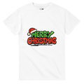 White t-shirt with 'Merry Christmas' text and Santa hat graphic on a white background