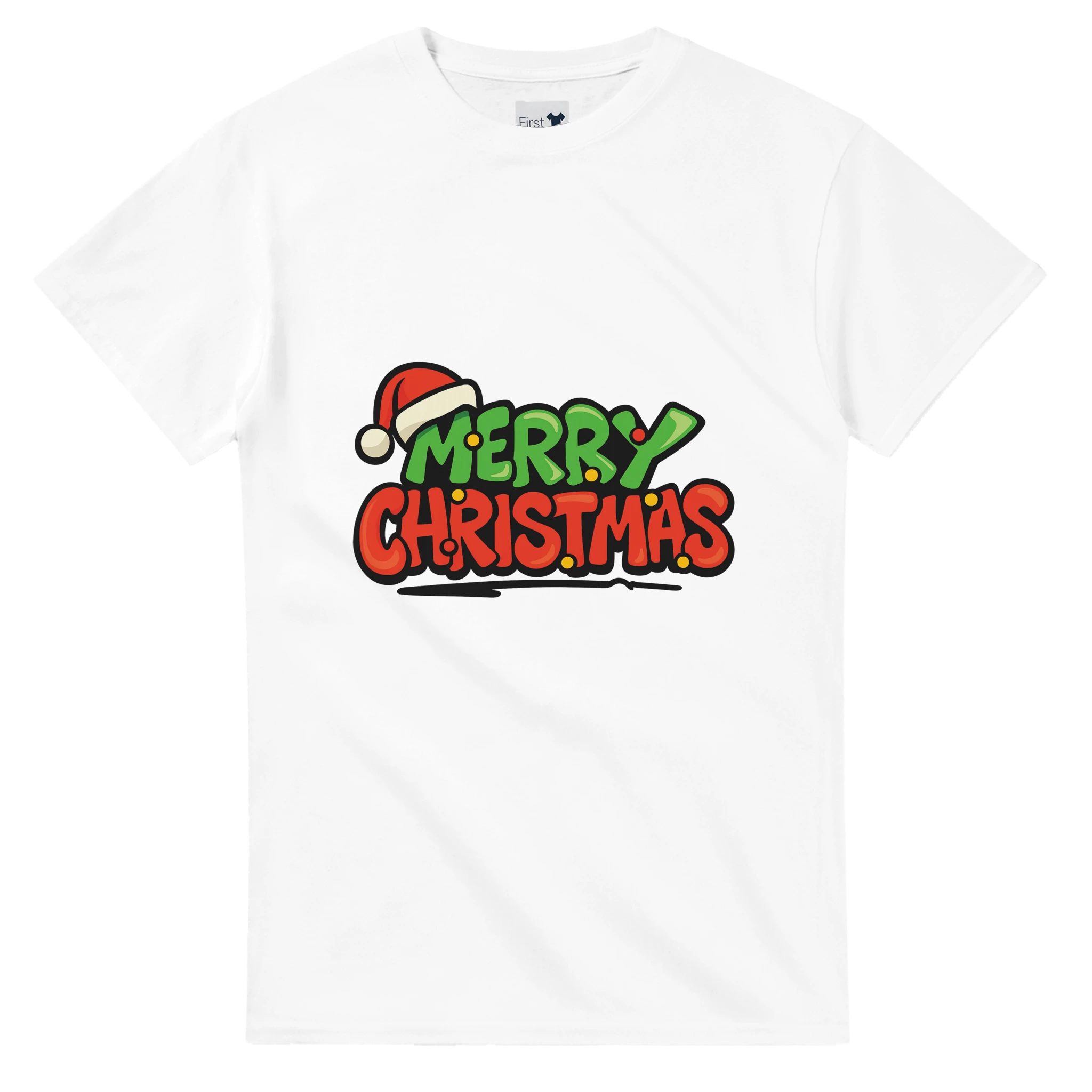 White t-shirt with 'Merry Christmas' text and Santa hat graphic on a white background
