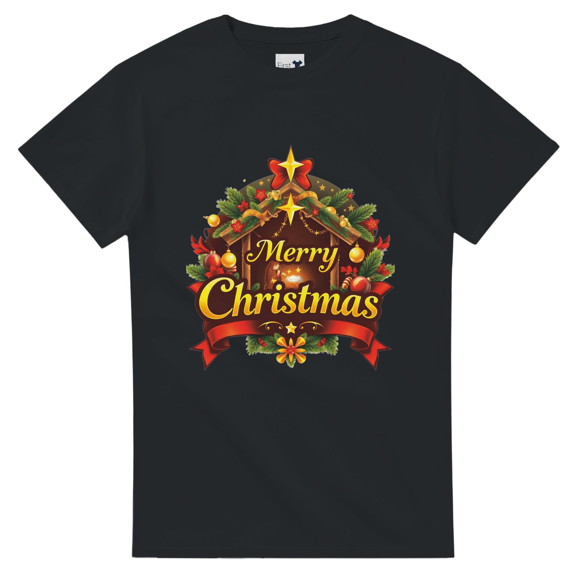 Black t-shirt with Christmas-themed design featuring a cabin and 'Merry Christmas' text on a white background.