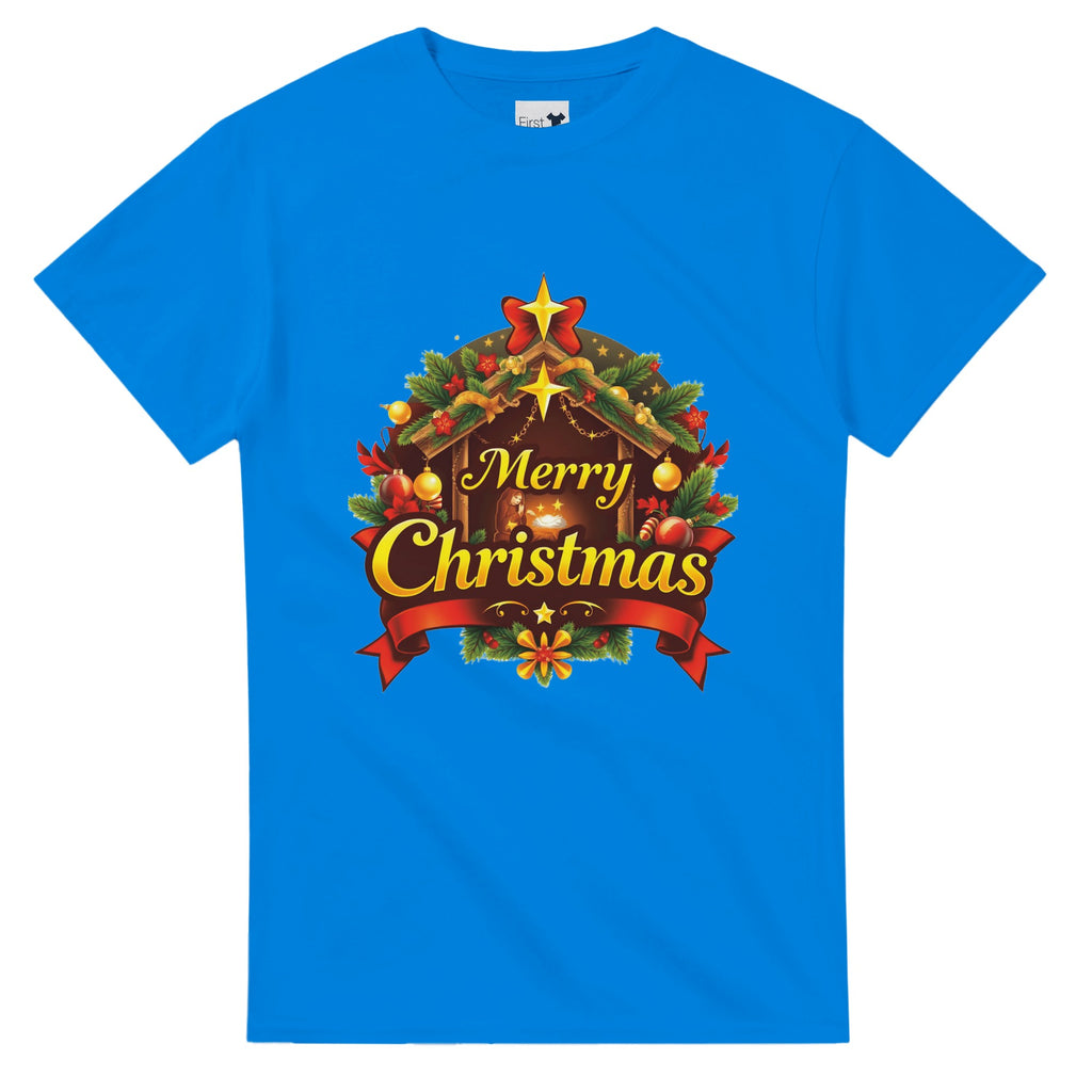Blue t-shirt with a Christmas-themed graphic and 'Merry Christmas' text on a white background