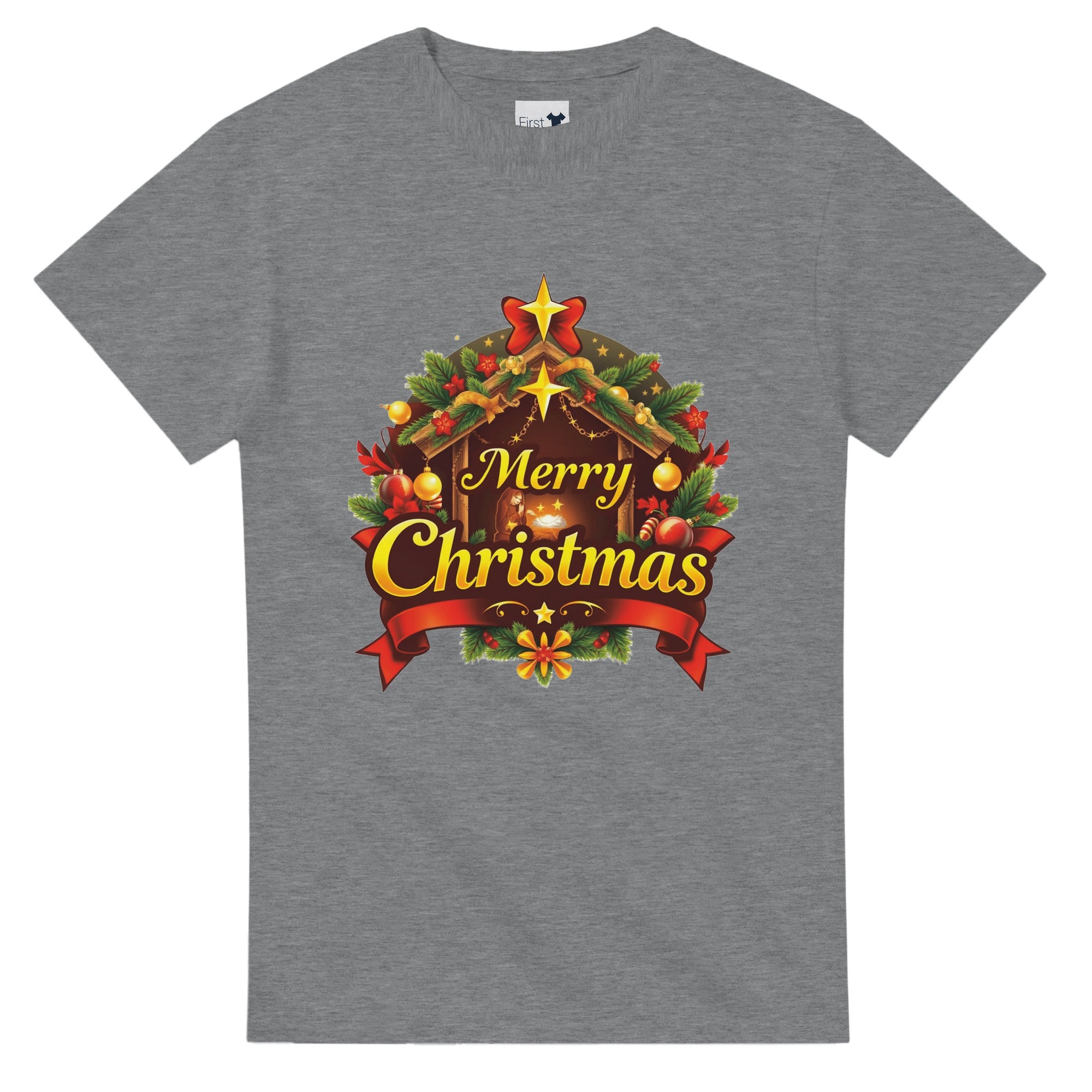 Gray t-shirt with a Christmas-themed graphic and 'Merry Christmas' text on a white background