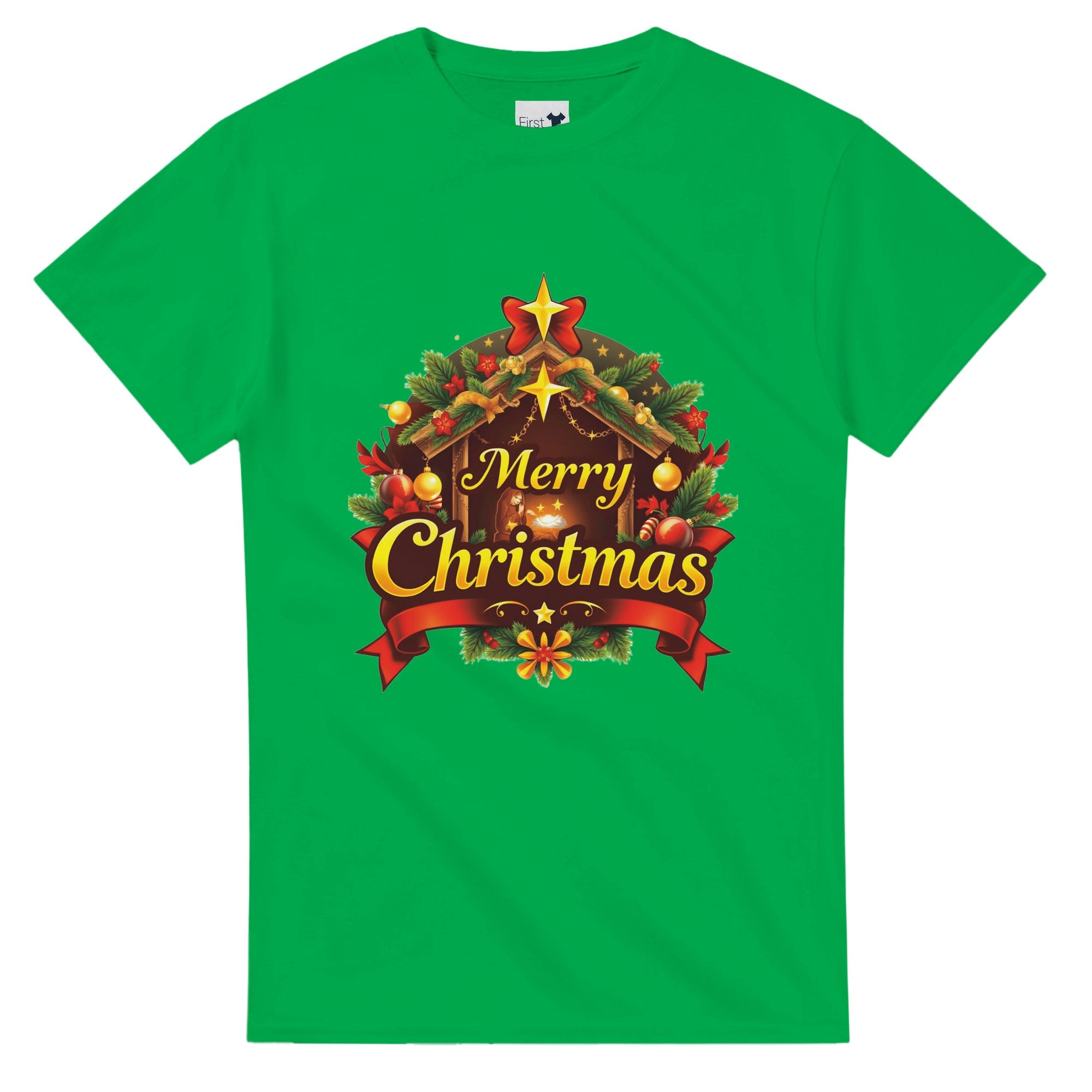 Green t-shirt with Christmas-themed design and 'Merry Christmas' text on a white background