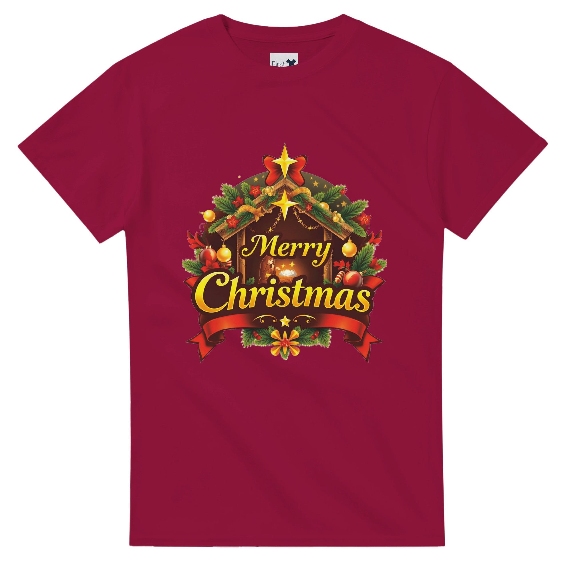 Red t-shirt with Christmas-themed design and 'Merry Christmas' text on a white background