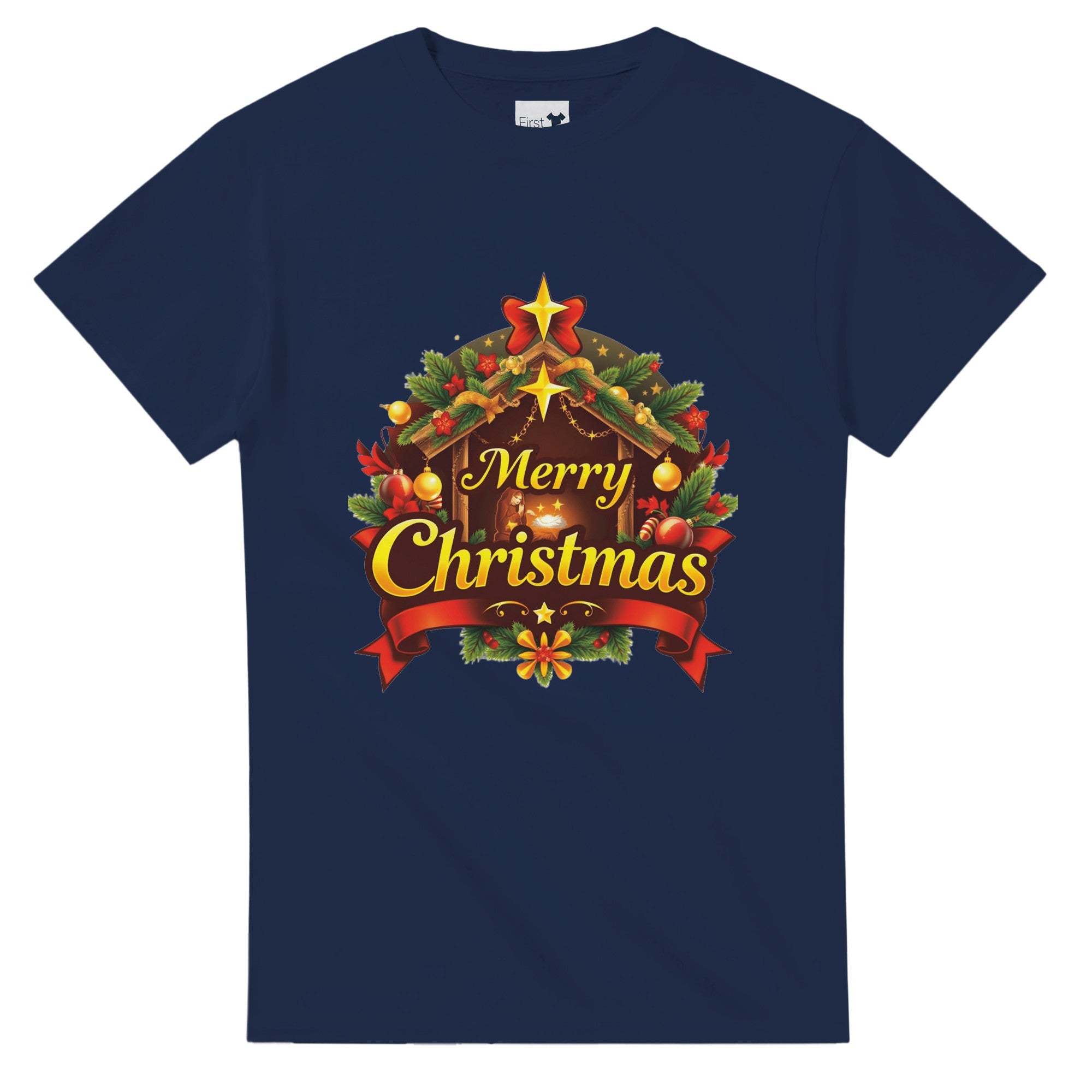 Navy blue t-shirt with Christmas-themed design featuring a wooden cabin and 'Merry Christmas' text.