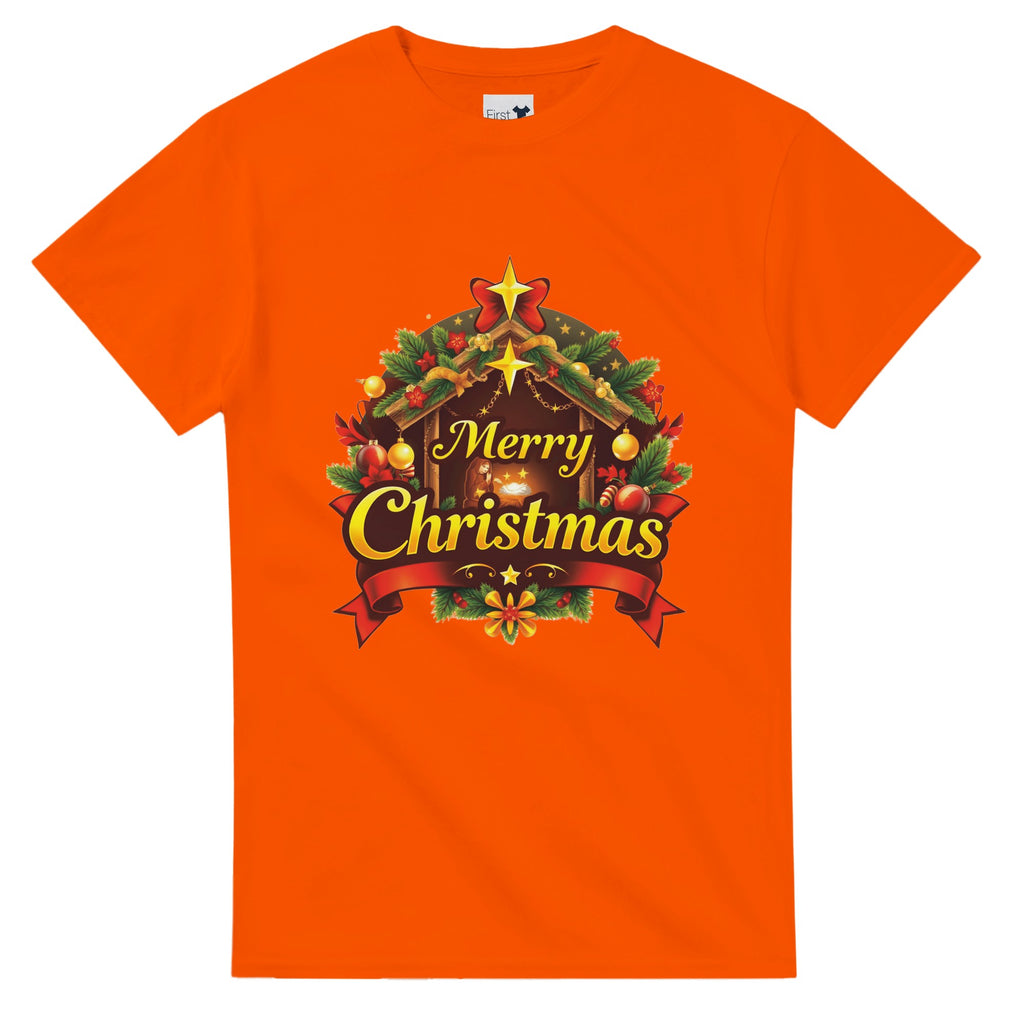 Orange t-shirt with a Christmas-themed graphic and 'Merry Christmas' text on a white background