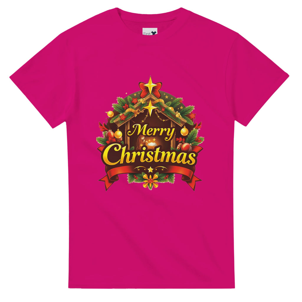 Pink t-shirt with Christmas-themed design on a white background