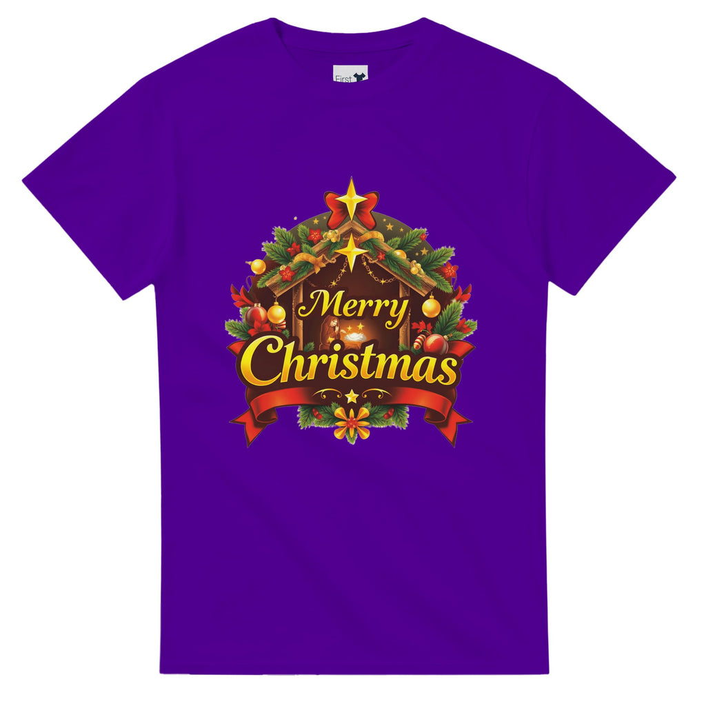 Purple t-shirt with Christmas-themed design and 'Merry Christmas' text on a white background