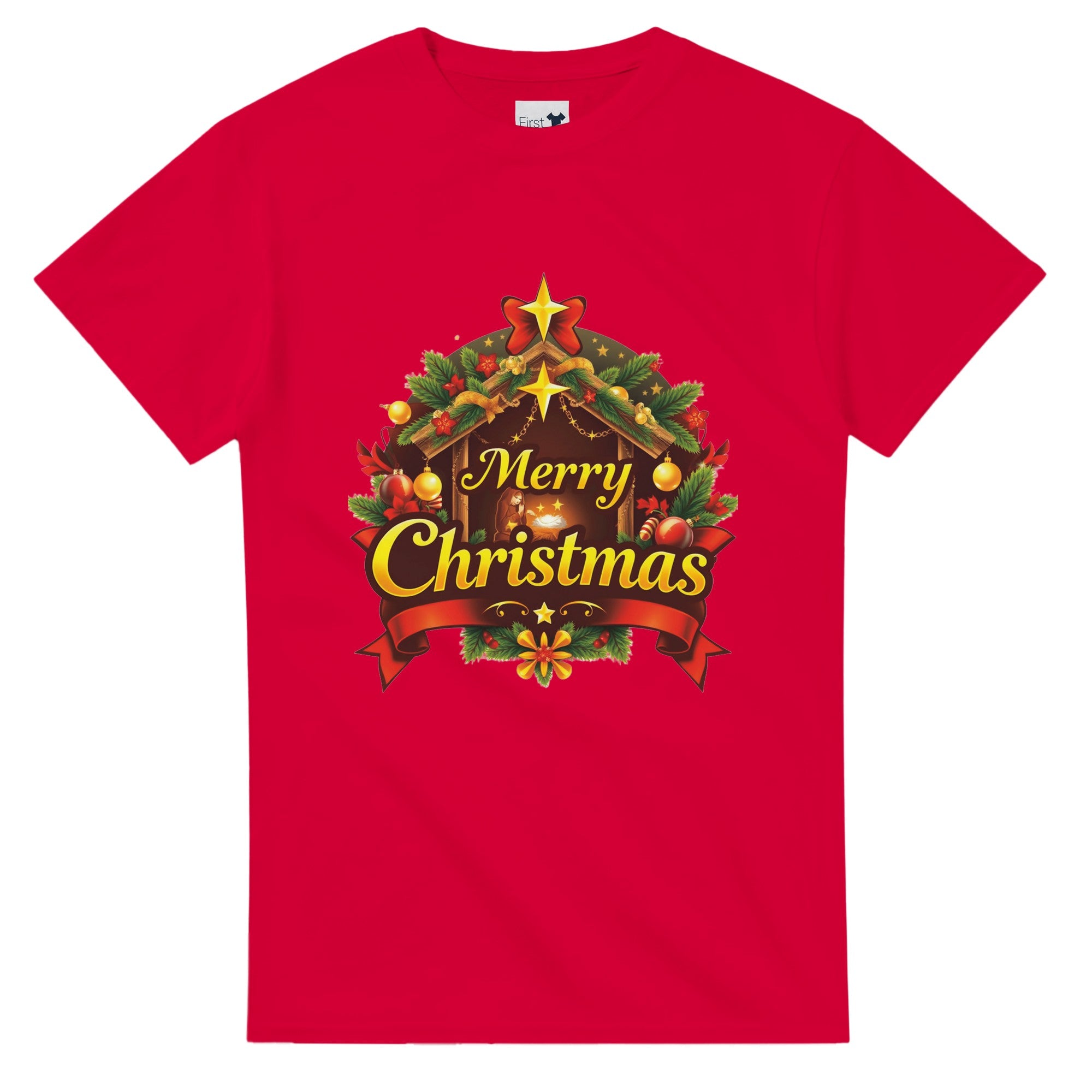 Red Merry Christmas Nativity Christian T-Shirt with white background