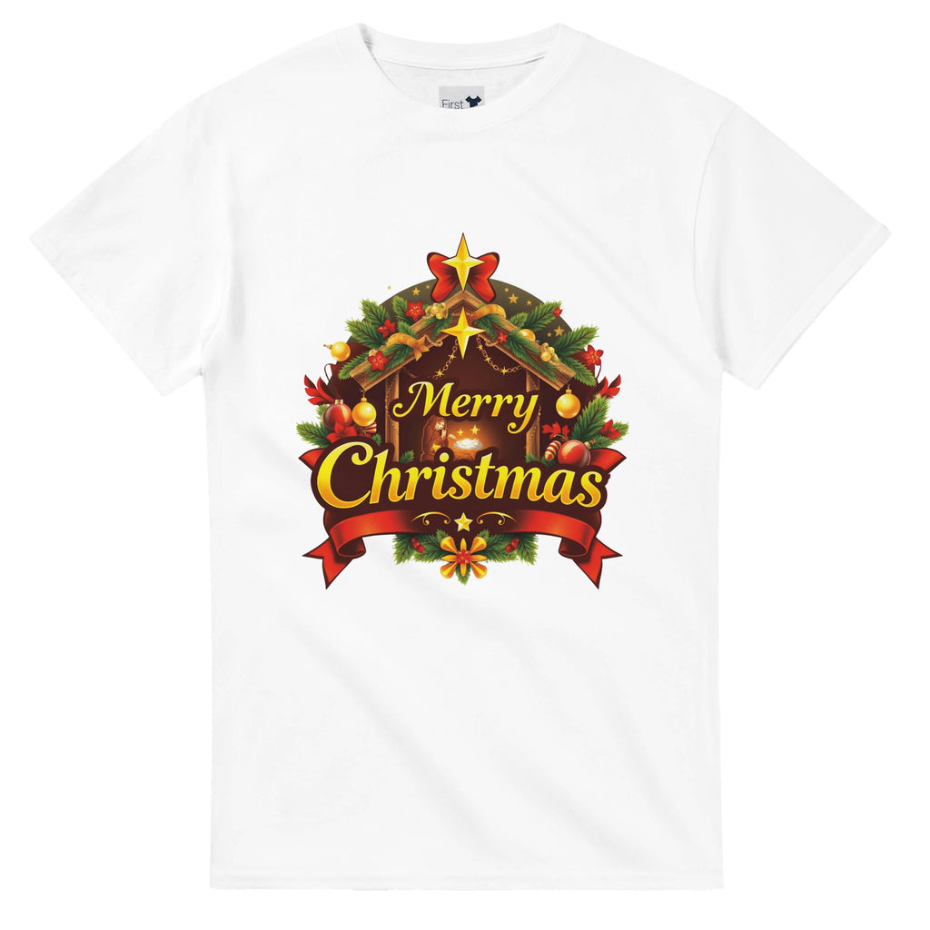 White t-shirt with a festive 'Merry Christmas' design featuring a Christmas tree and ornaments on a white background.