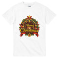 White t-shirt with a festive 'Merry Christmas' design featuring a Christmas tree and ornaments on a white background.