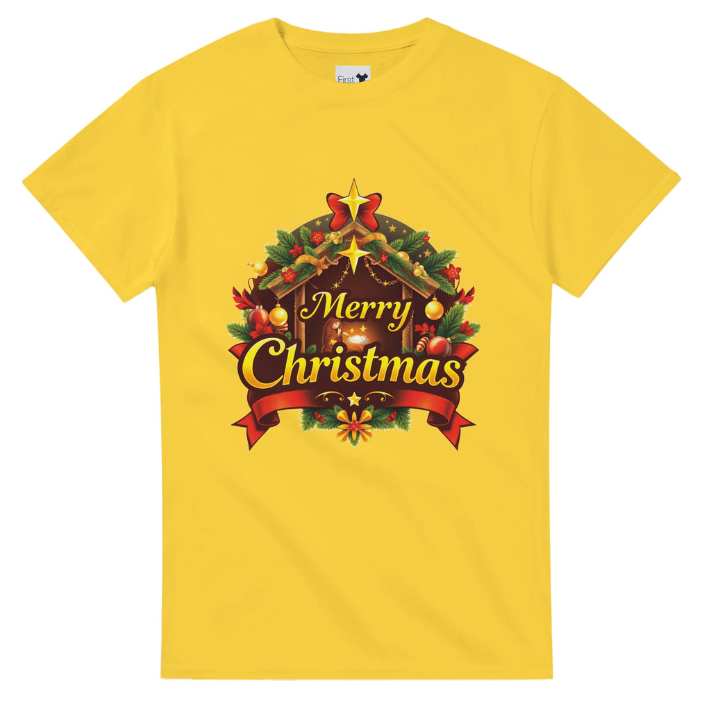 Yellow t-shirt with Christmas-themed design and 'Merry Christmas' text on a white background