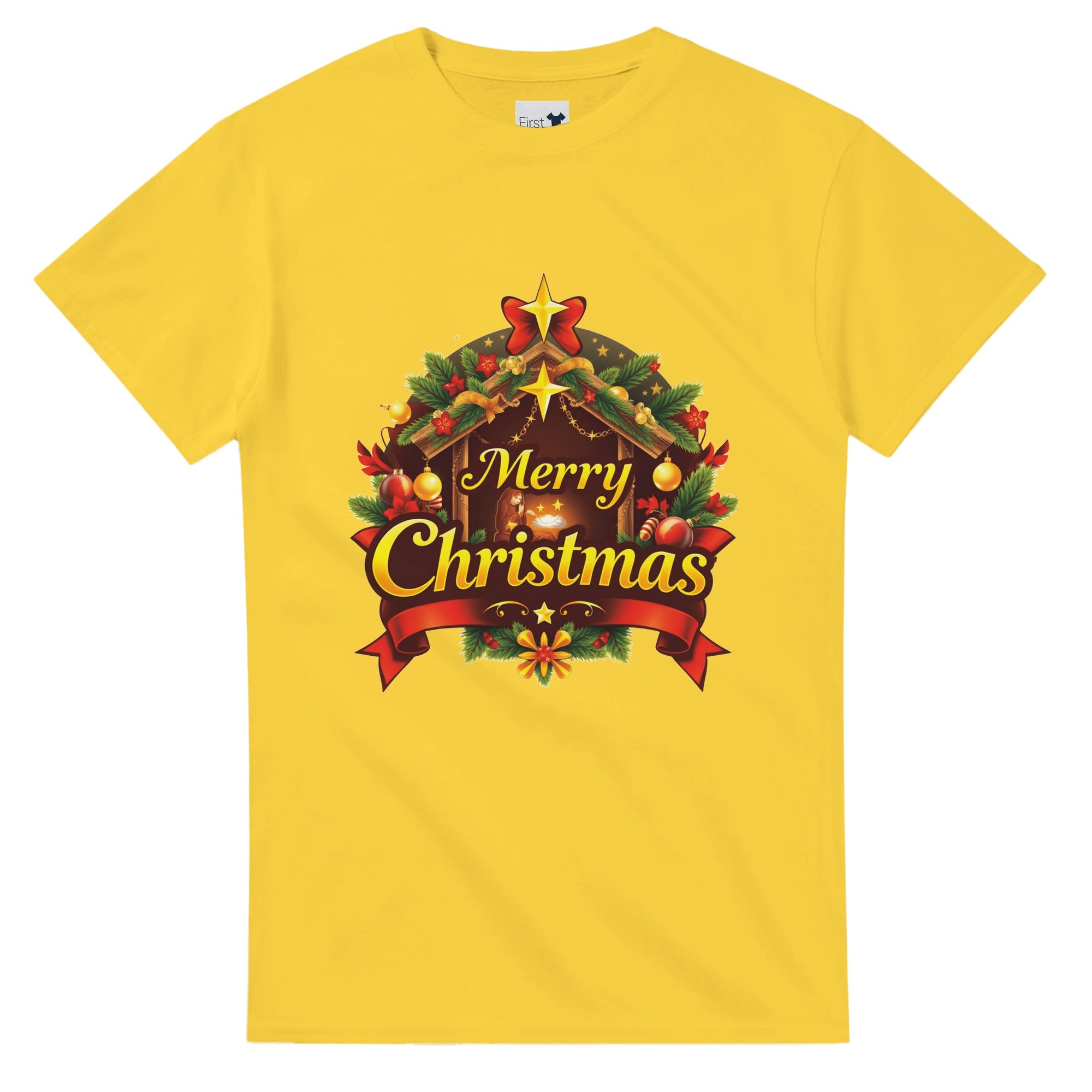 Yellow t-shirt with Christmas-themed design and 'Merry Christmas' text on a white background