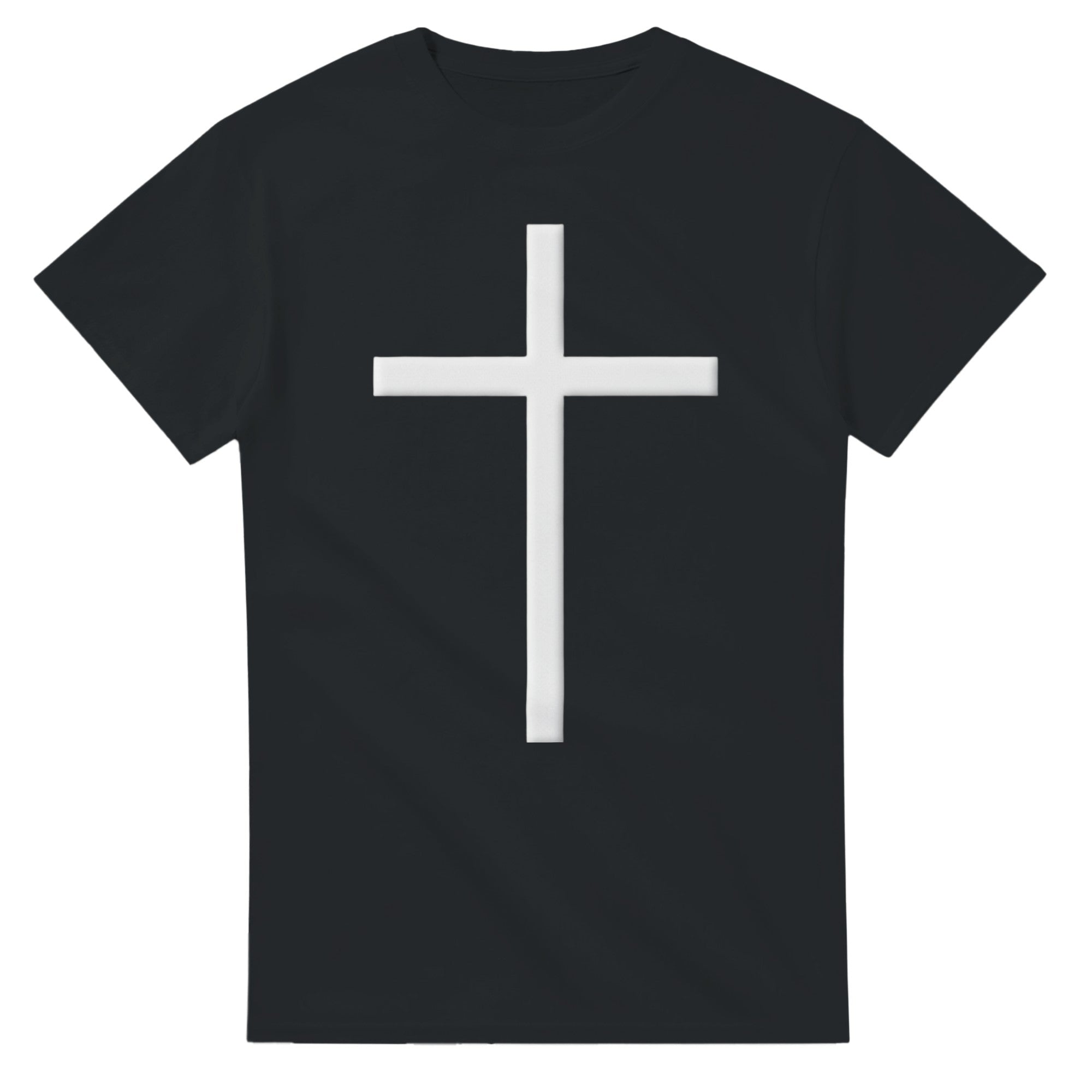 Black t-shirt with a white cross design on a white background