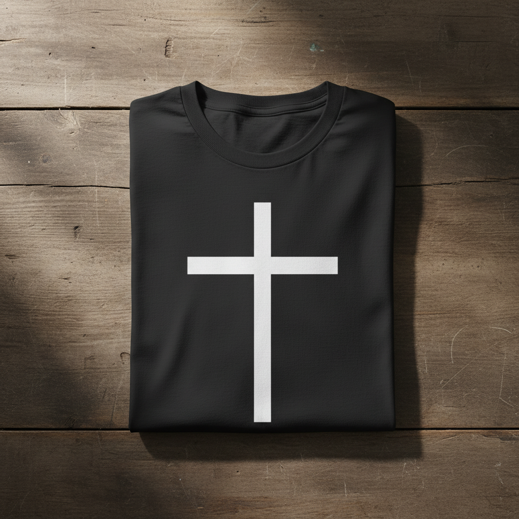 Black t-shirt with a white cross on a wooden surface