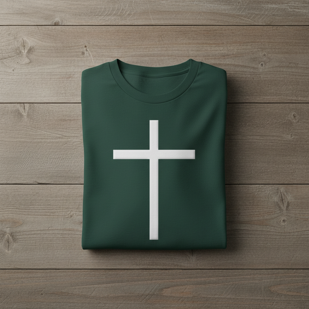 Green shirt with a white cross on a wooden surface