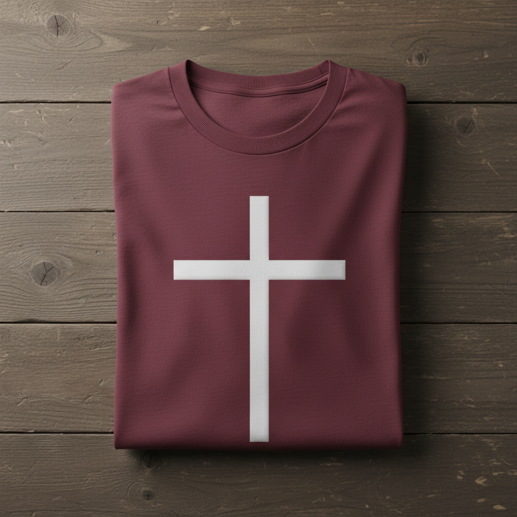 Folded maroon t-shirt with a white cross on a wooden surface