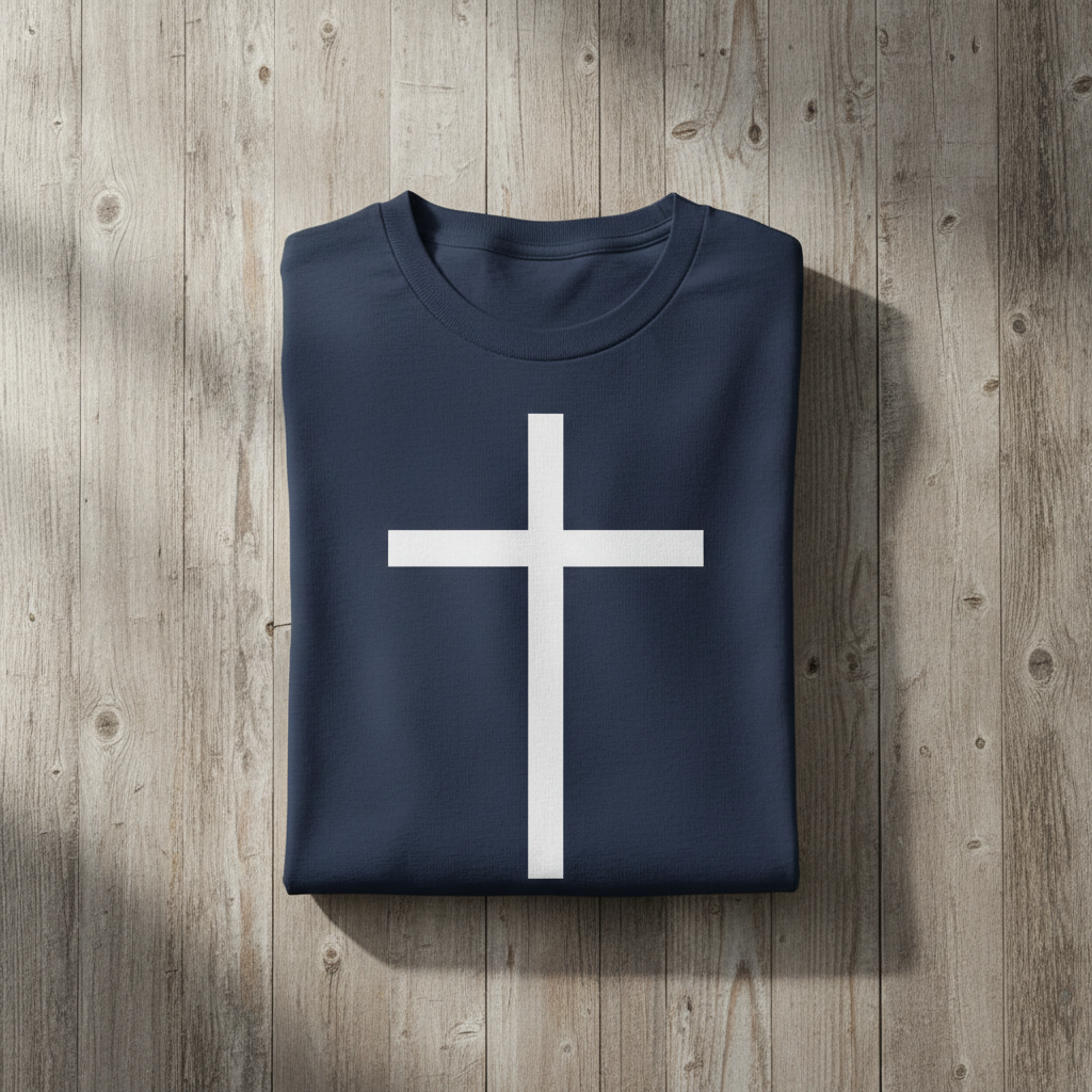Folded navy blue shirt with a white cross on a wooden surface
