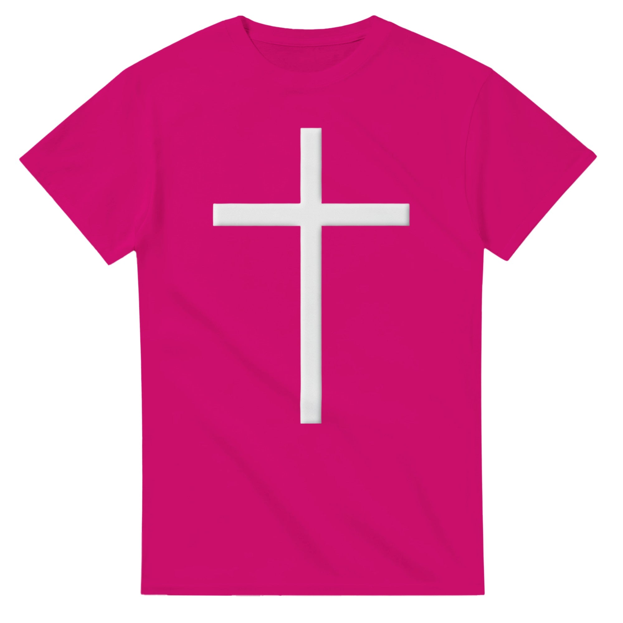 Pink t-shirt with a white cross on a white background