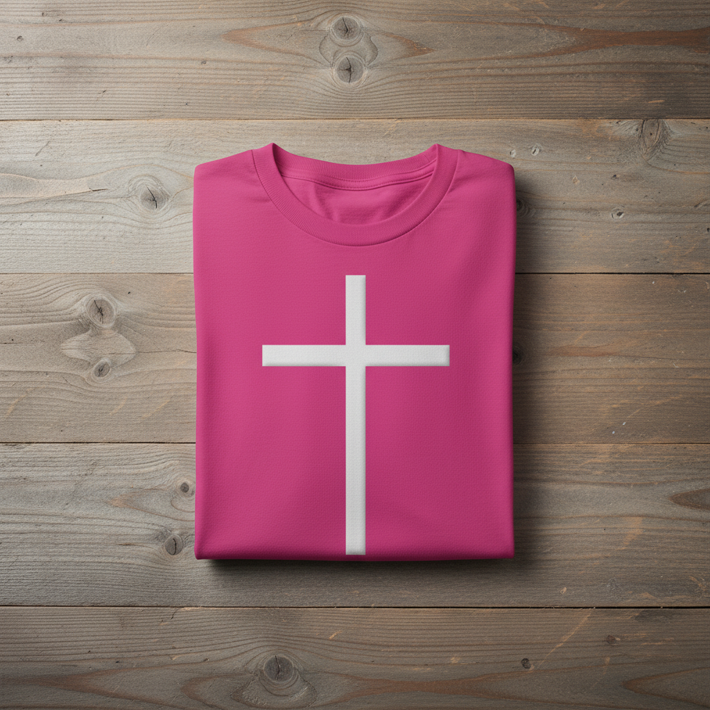Folded pink t-shirt with a white cross on a wooden surface