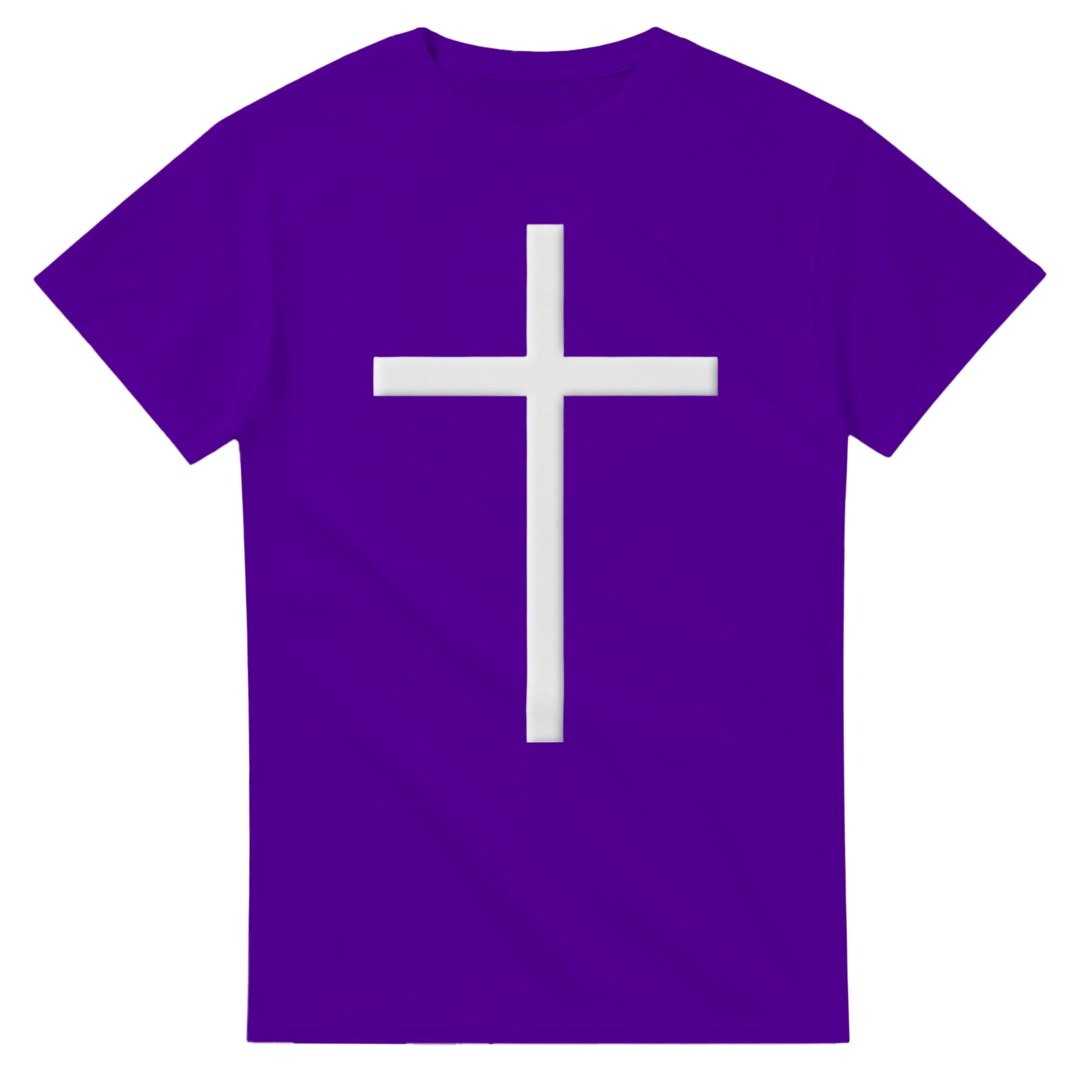 Purple t-shirt with a white cross design on a white background