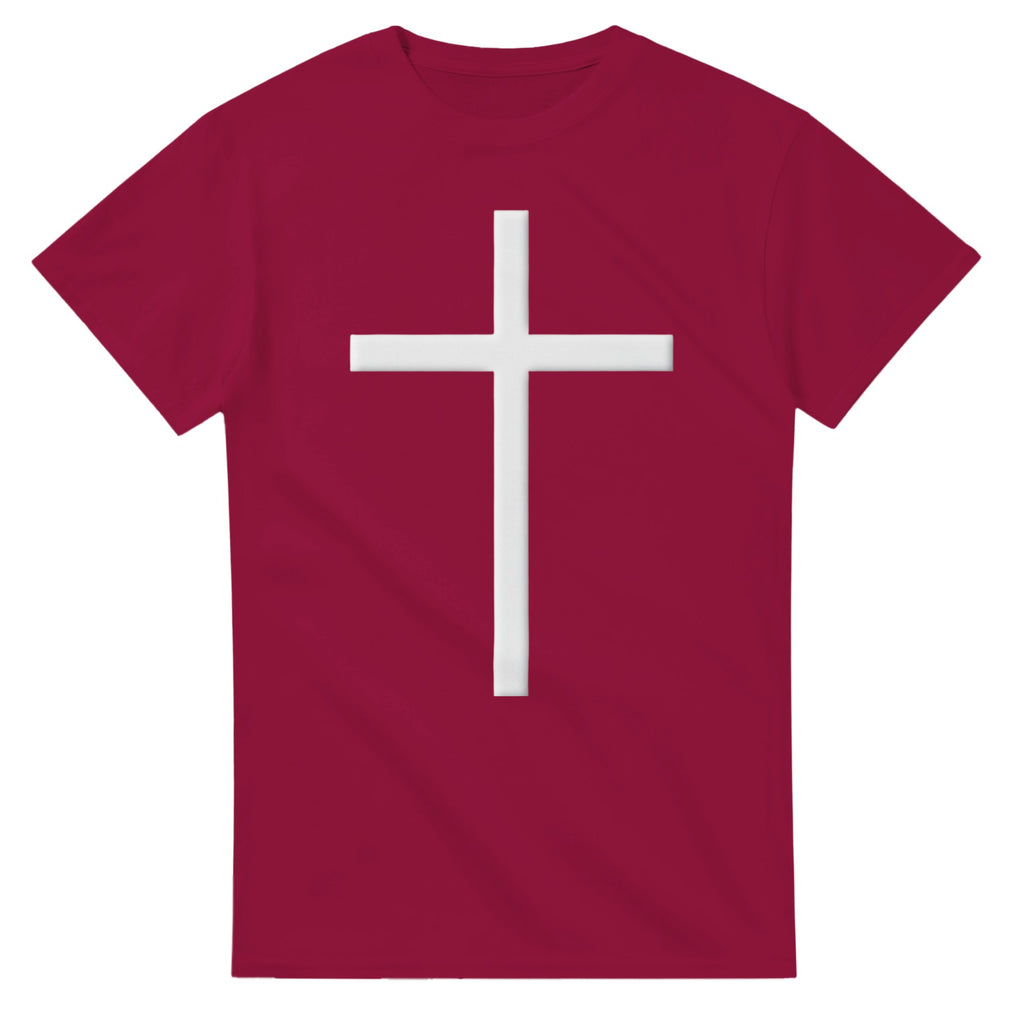Red t-shirt with a white cross on a white background