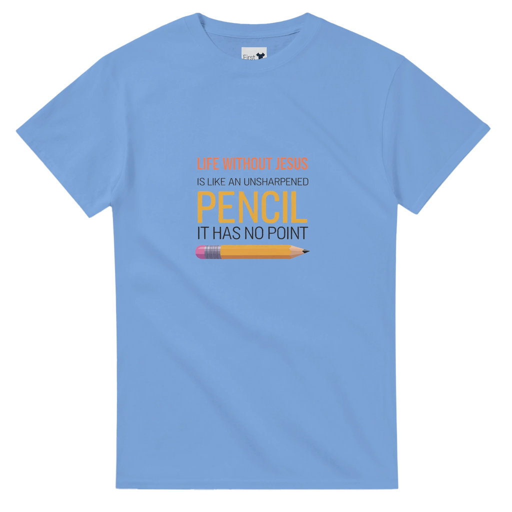 Light blue t-shirt with motivational quote and pencil graphic on a white background