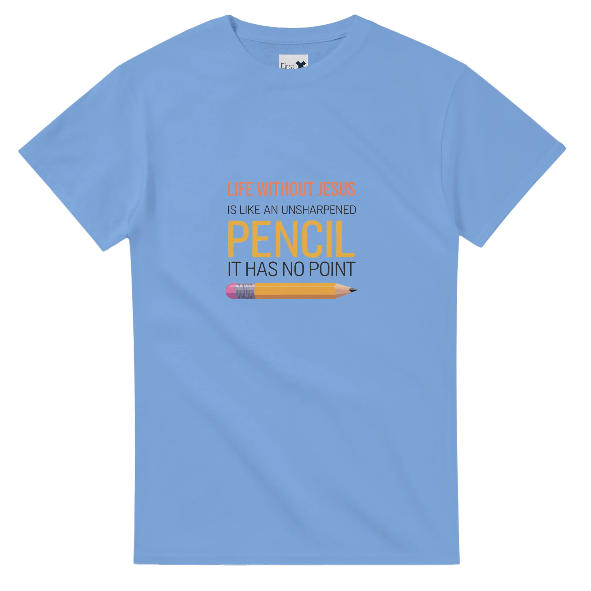 Light blue t-shirt with motivational quote and pencil graphic on a white background