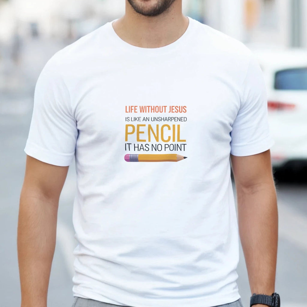 Man wearing a white t-shirt with a colorful text design on a city street.