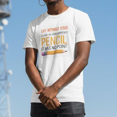 Person wearing a white t-shirt with text on a rooftop with cityscape in the background