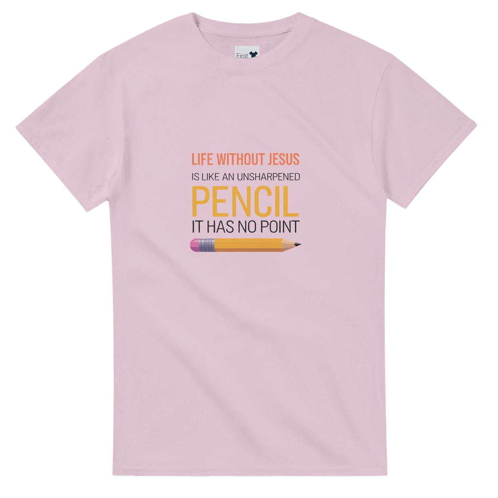 Pink t-shirt with a humorous quote about life without Jesus on a white background