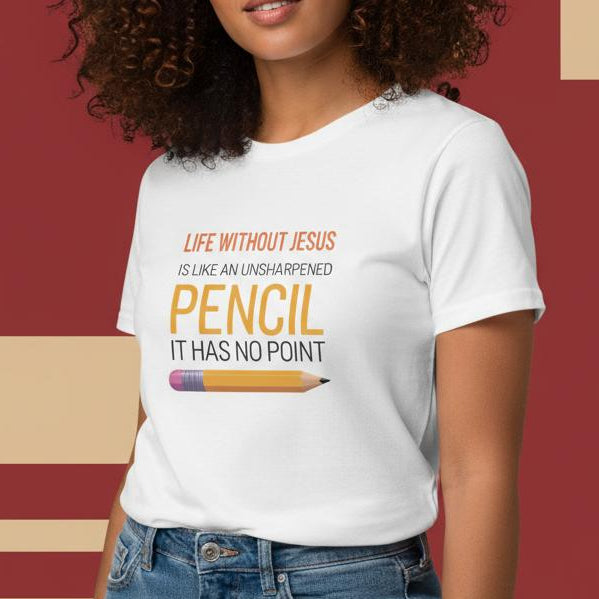 Woman wearing a white t-shirt with a religious message design on a red and beige background