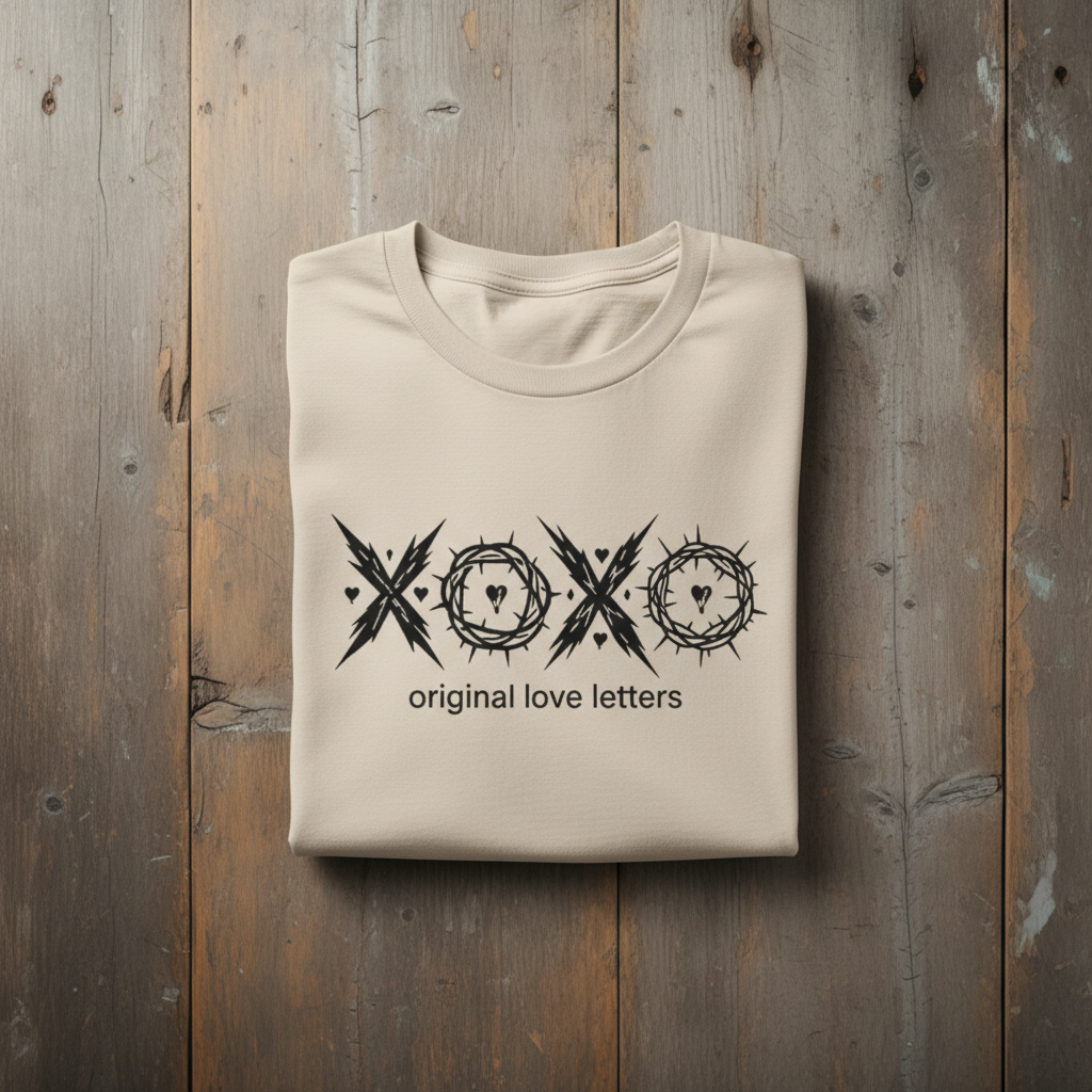 Folded beige sweatshirt with 'xoxo original love letters' design on a wooden surface