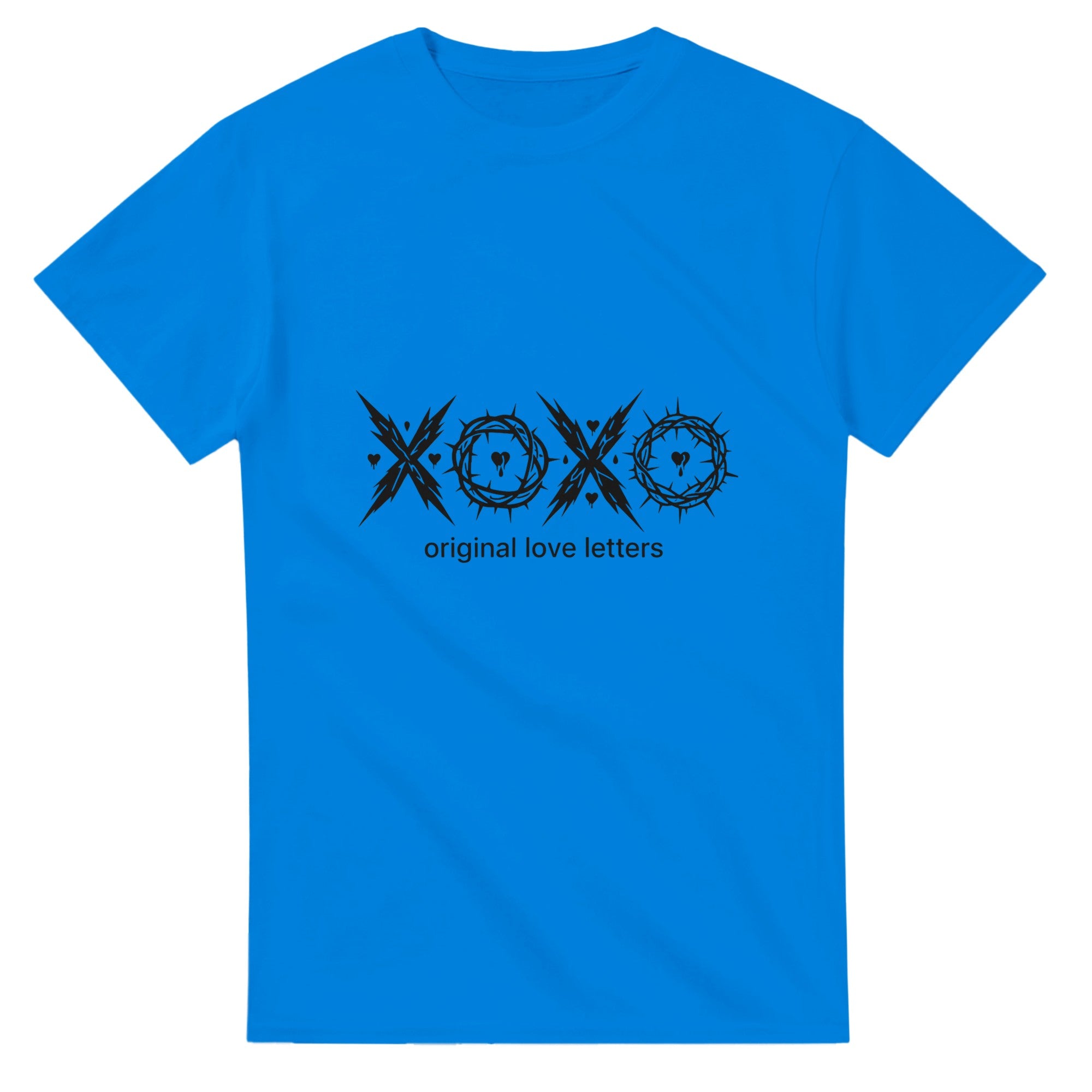 Blue t-shirt with black 'xoxo' design and text on a white background