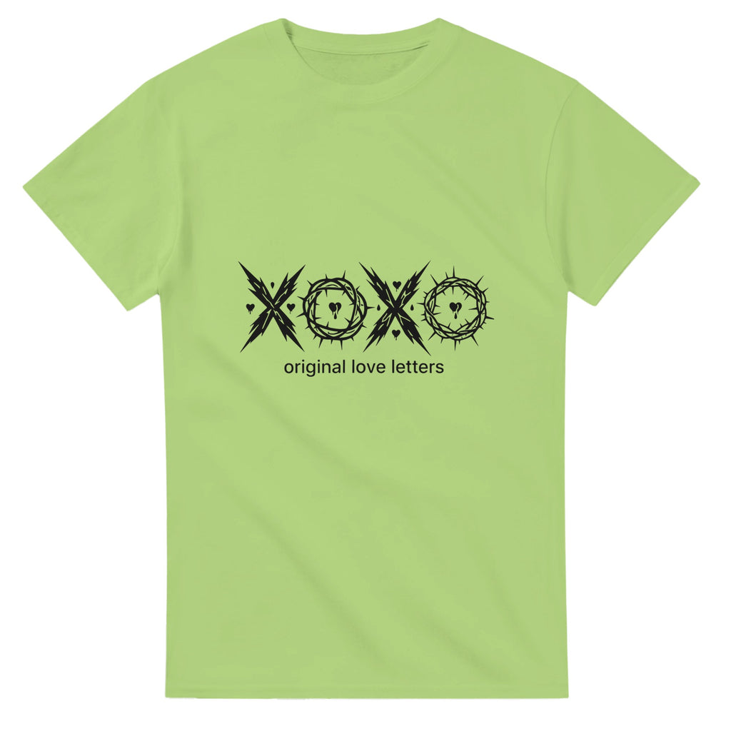 Light green t-shirt with black graphic design and text on a white background