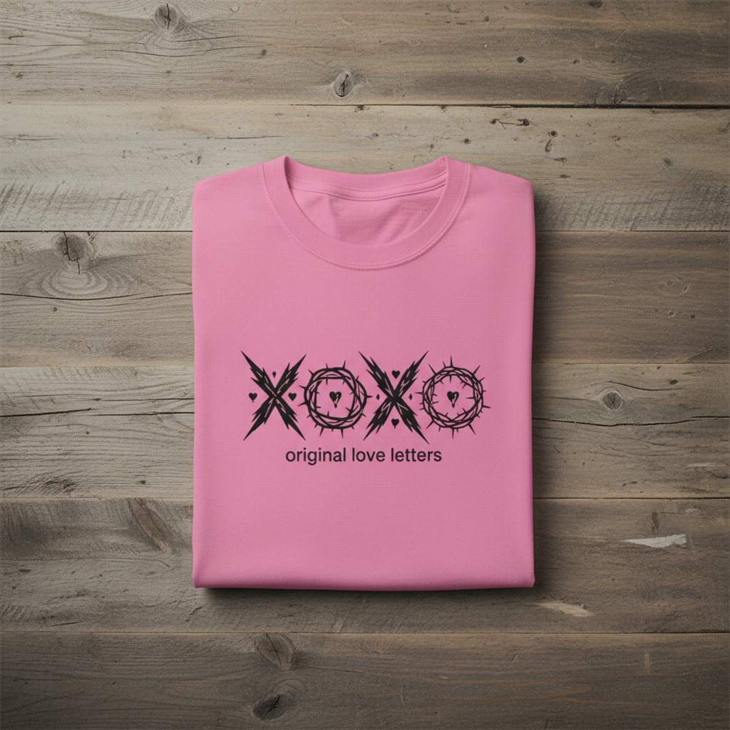 Pink T-shirt with black graphic design on a wooden surface