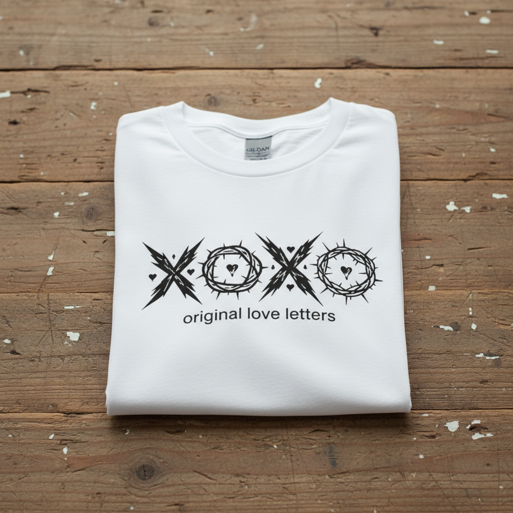 Folded Original Love Letters Christian Believers white t-shirt with black graphic design and text on a wooden surface