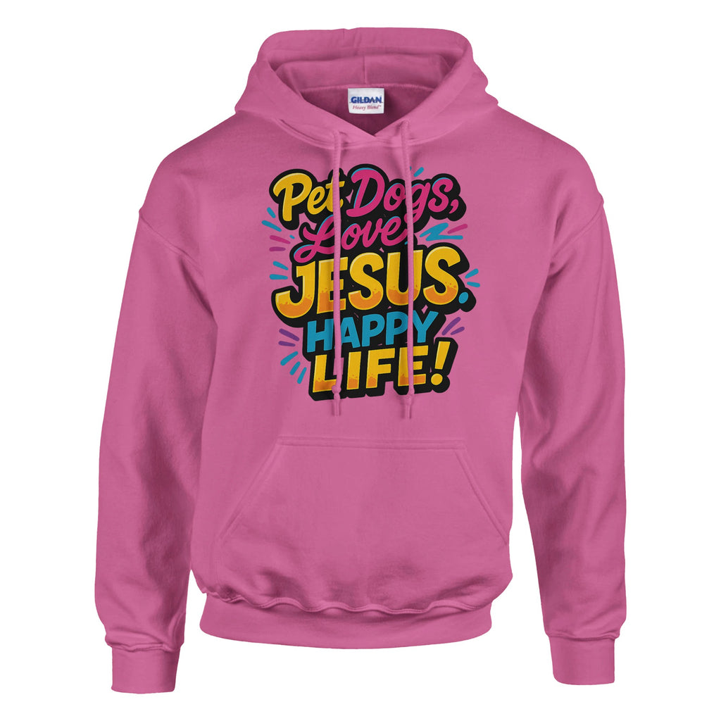 Pink hoodie with colorful text design on a white background