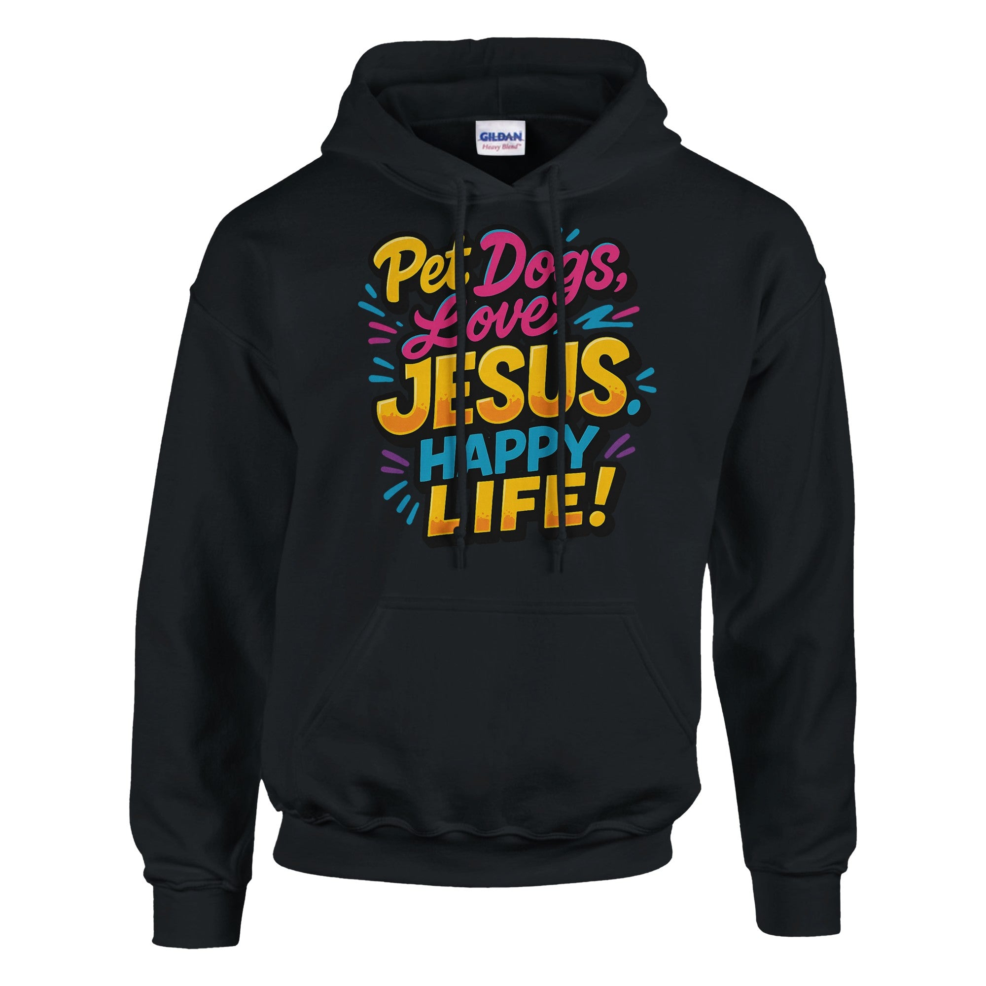 Black hoodie with colorful text design on a white background