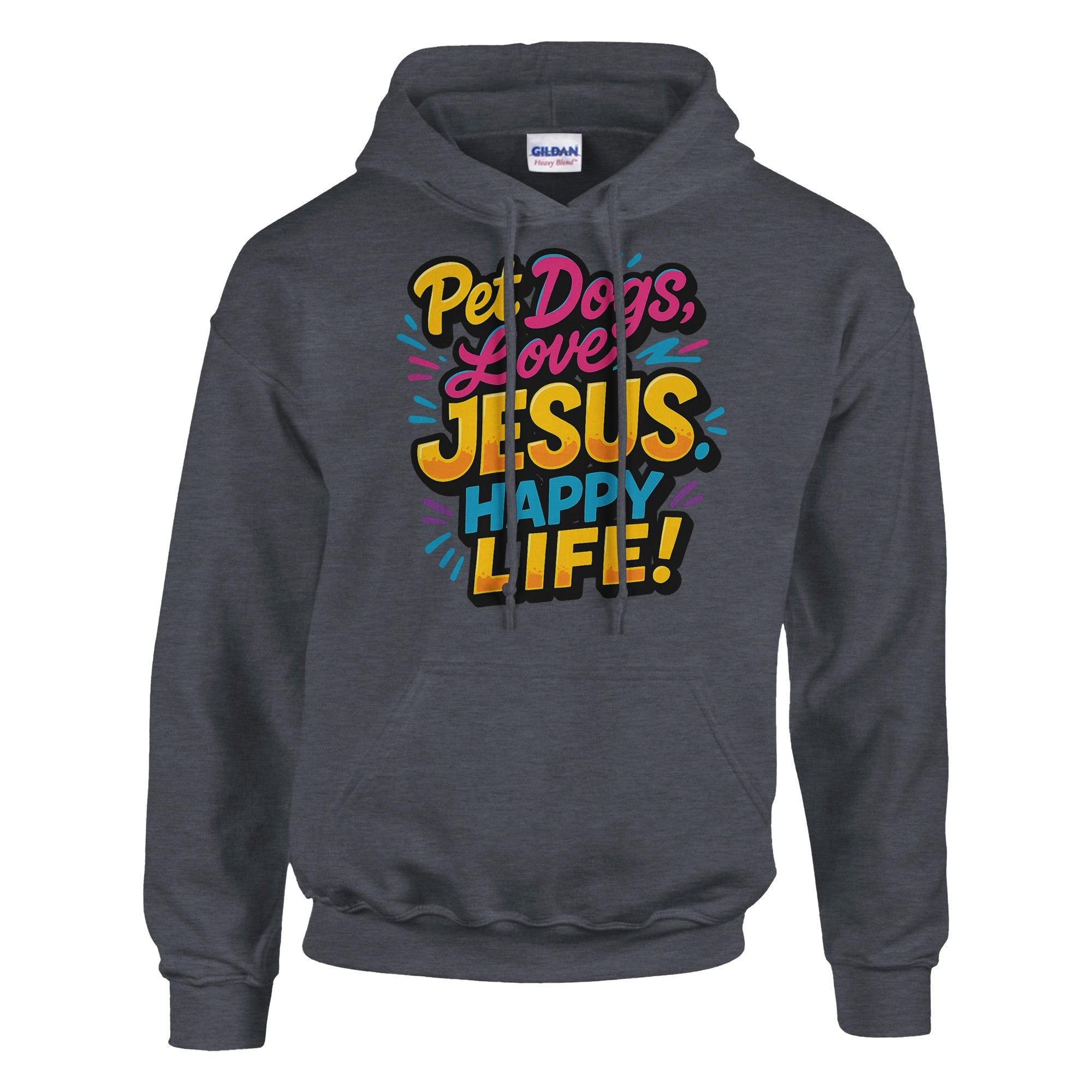 Gray hoodie with colorful text design on a white background