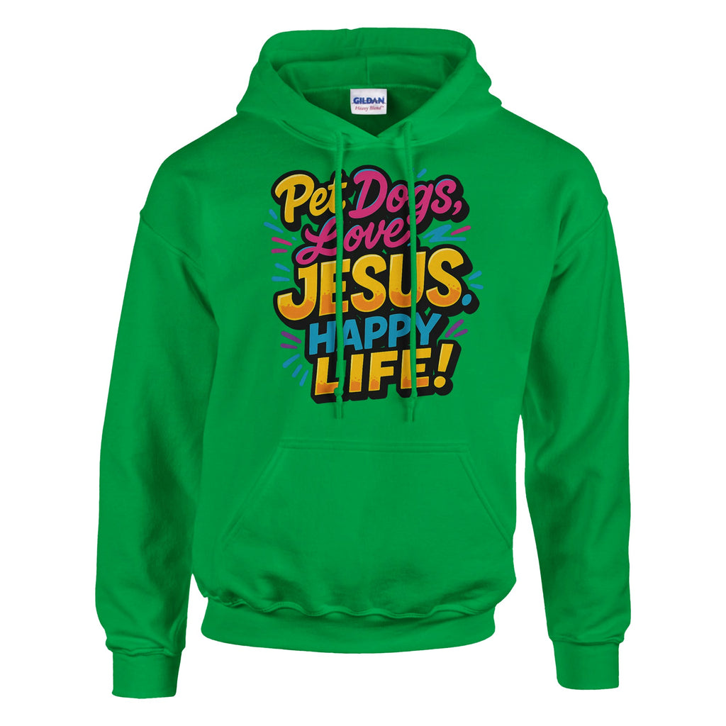Green hoodie with colorful text design on a white background